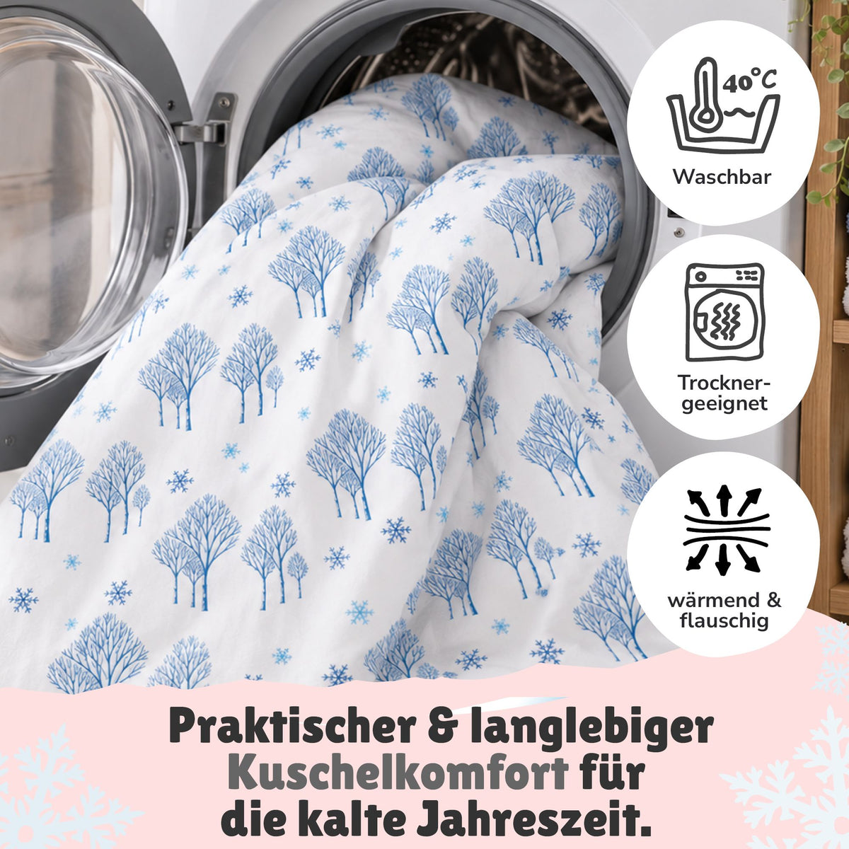 Infotafel Pflege Maschinenwäsche und Trocknergeeignet und Reißverschluss an der Bettwäsche