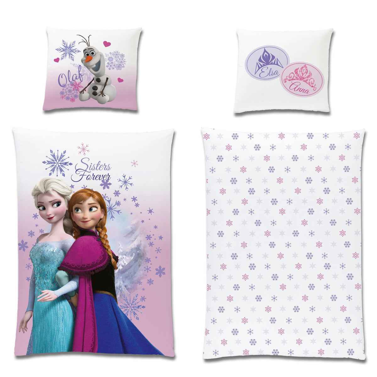 Frozen Bettwäsche 135x200 80x80 cm Disney Eiskönigin Pink Anna & Elsa mit Schneeman Olaf