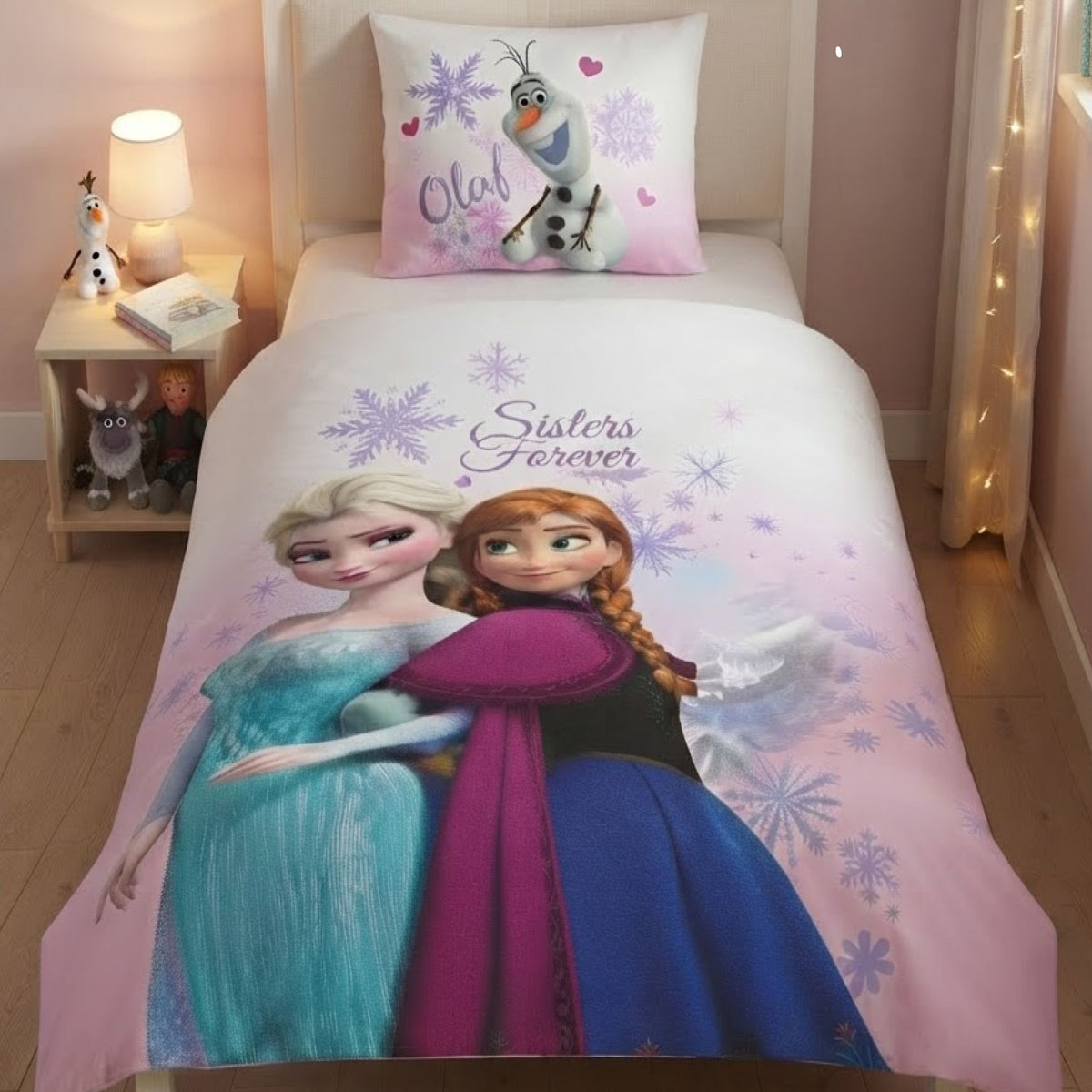 Frozen Bettwäsche 135x200 80x80 cm Disney Eiskönigin Pink Anna & Elsa mit Schneeman Olaf