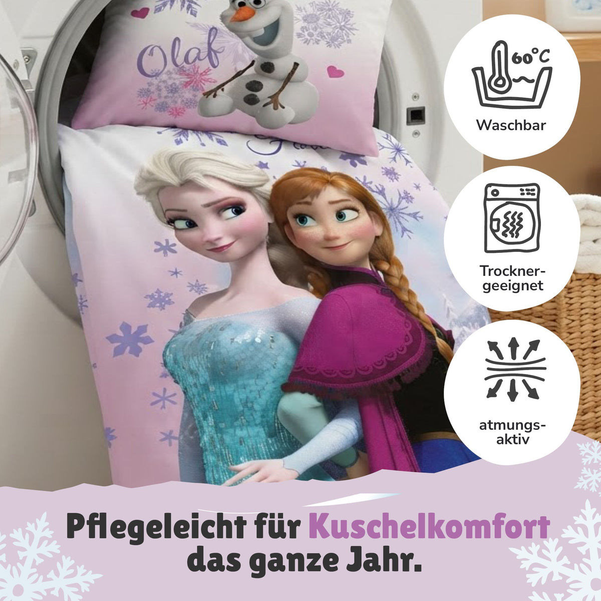 Frozen Bettwäsche 135x200 80x80 cm Disney Eiskönigin Pink Anna & Elsa mit Schneeman Olaf