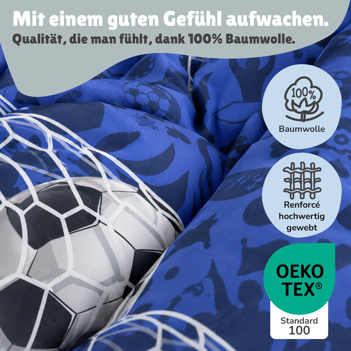 Rückseite der Fußball Bettwäsche aufs Bett gezogen