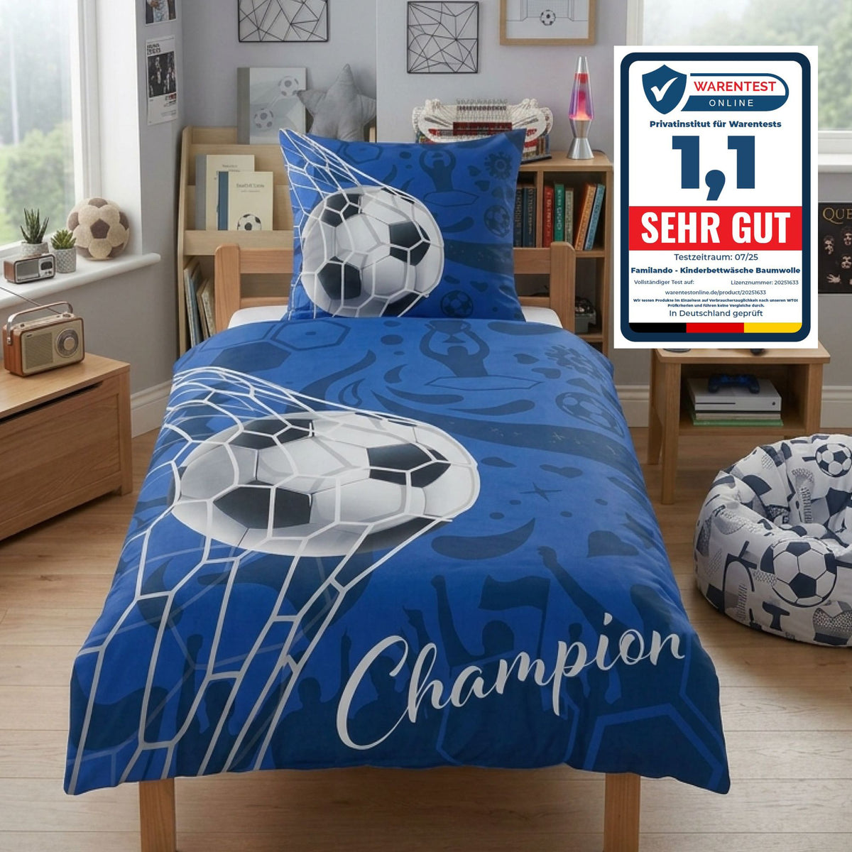 Fußball Bettwäsche 135x200 80x80 cm 2tlg. Blau Motiv Football Champion