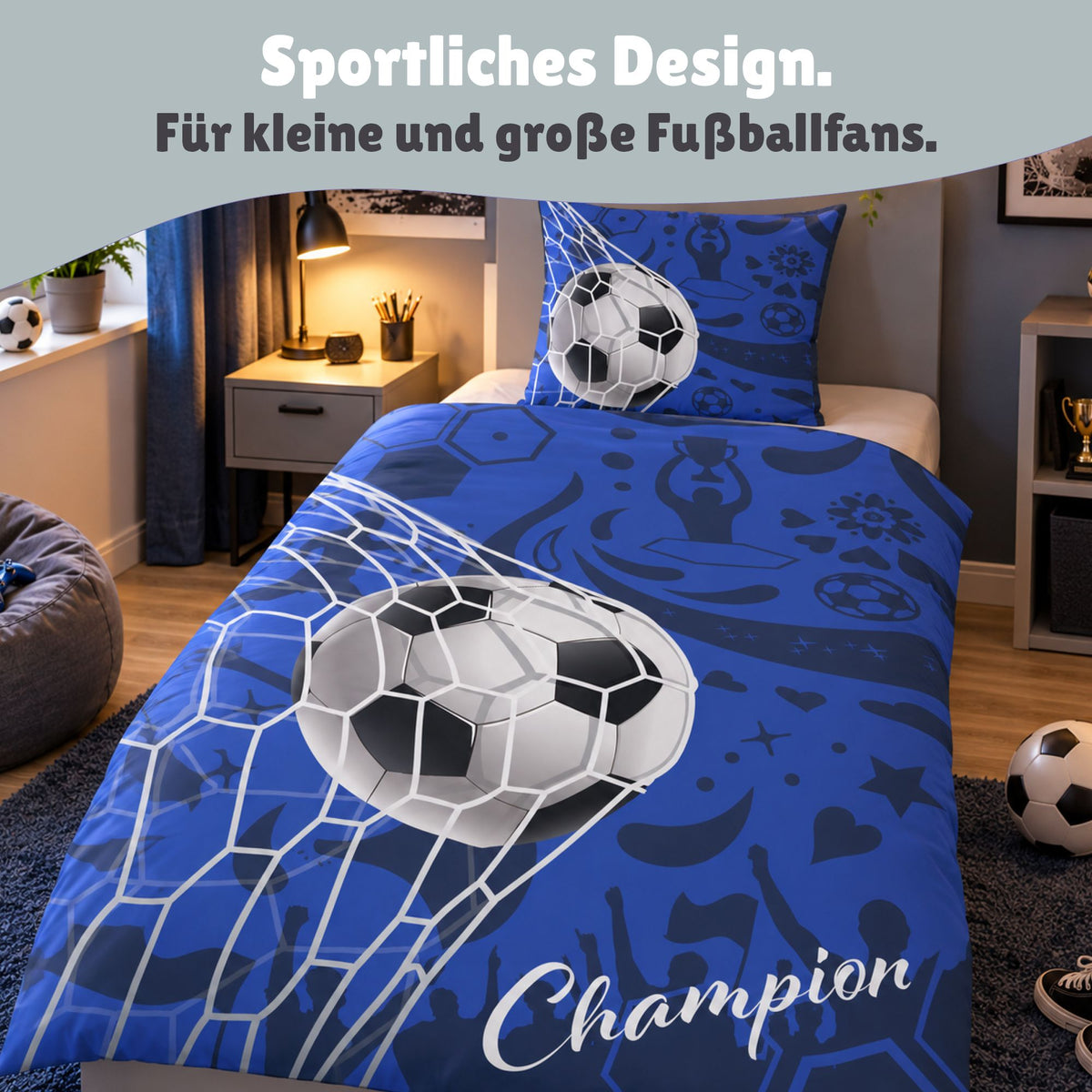 Rückseite Fußball Bettwäsche für Jungen und Schriftzug Champion auf Kopfkissen