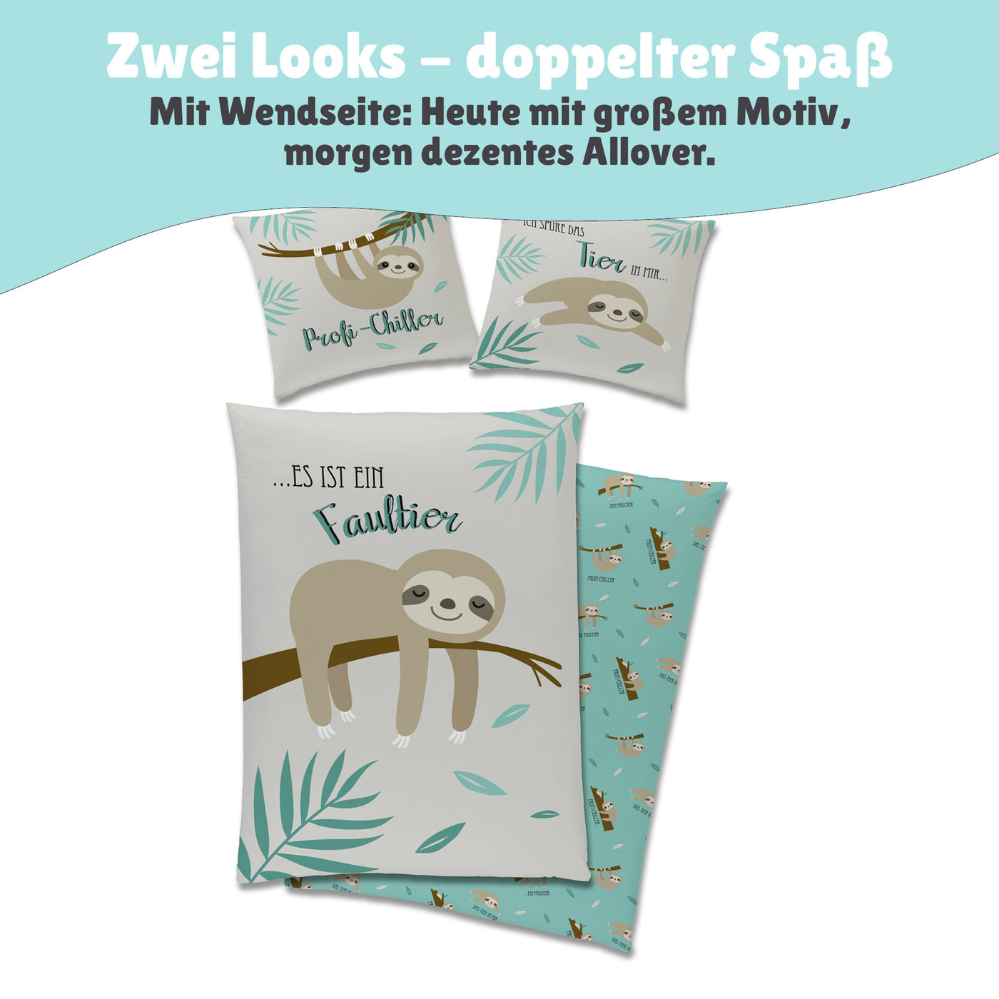 Beschreibung Faultier Bettwäsche Grau 135x200 cm Profi Chiller Motiv mit Wendeseite