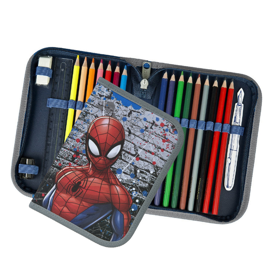 Spiderman Federmappe Innenansicht mit Stiften und weiterem Zubehör