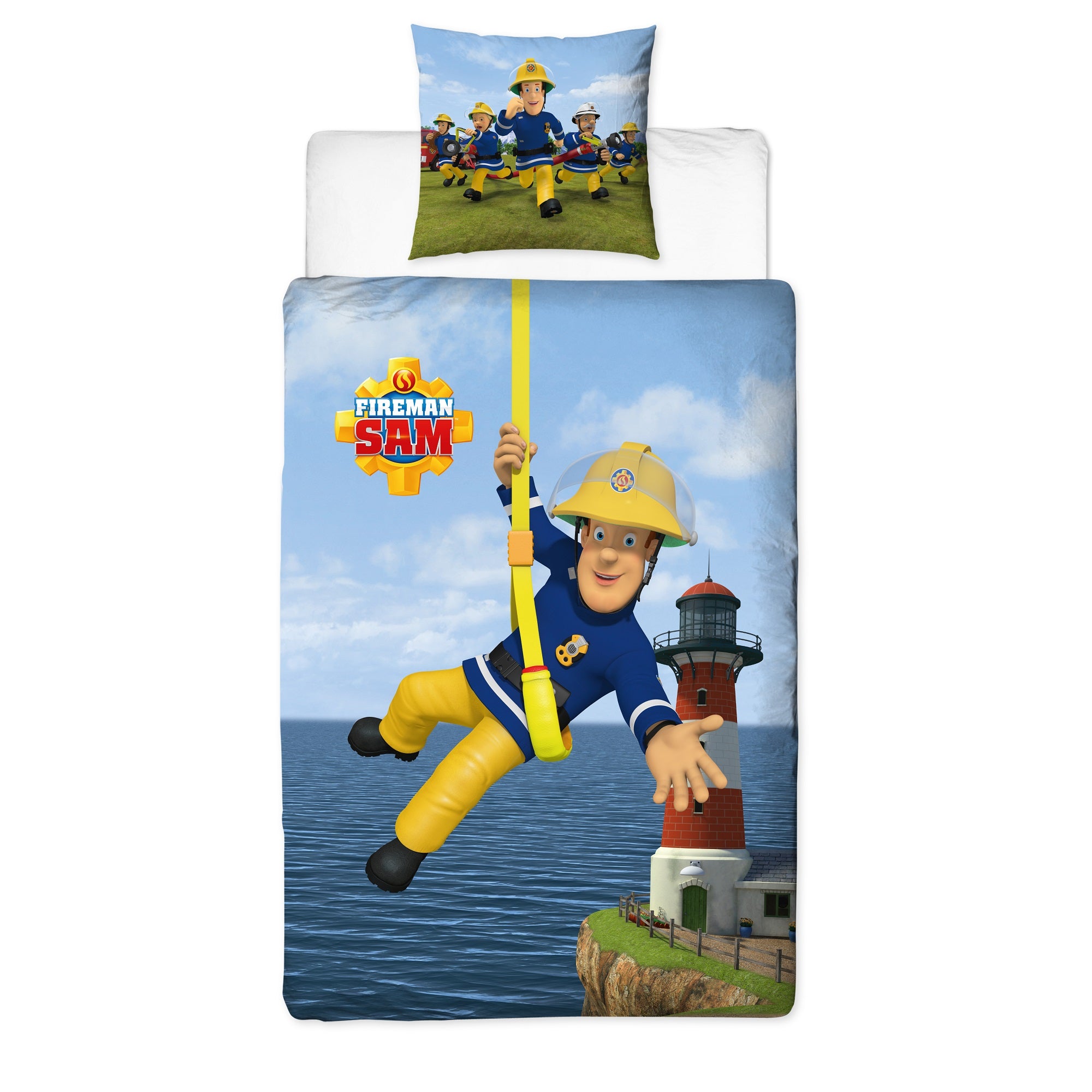 Feuerwehrmann Sam Babybettwäsche in 135x200 cm blaue Vorderseite mit Leuchtturm Sam und Emblem