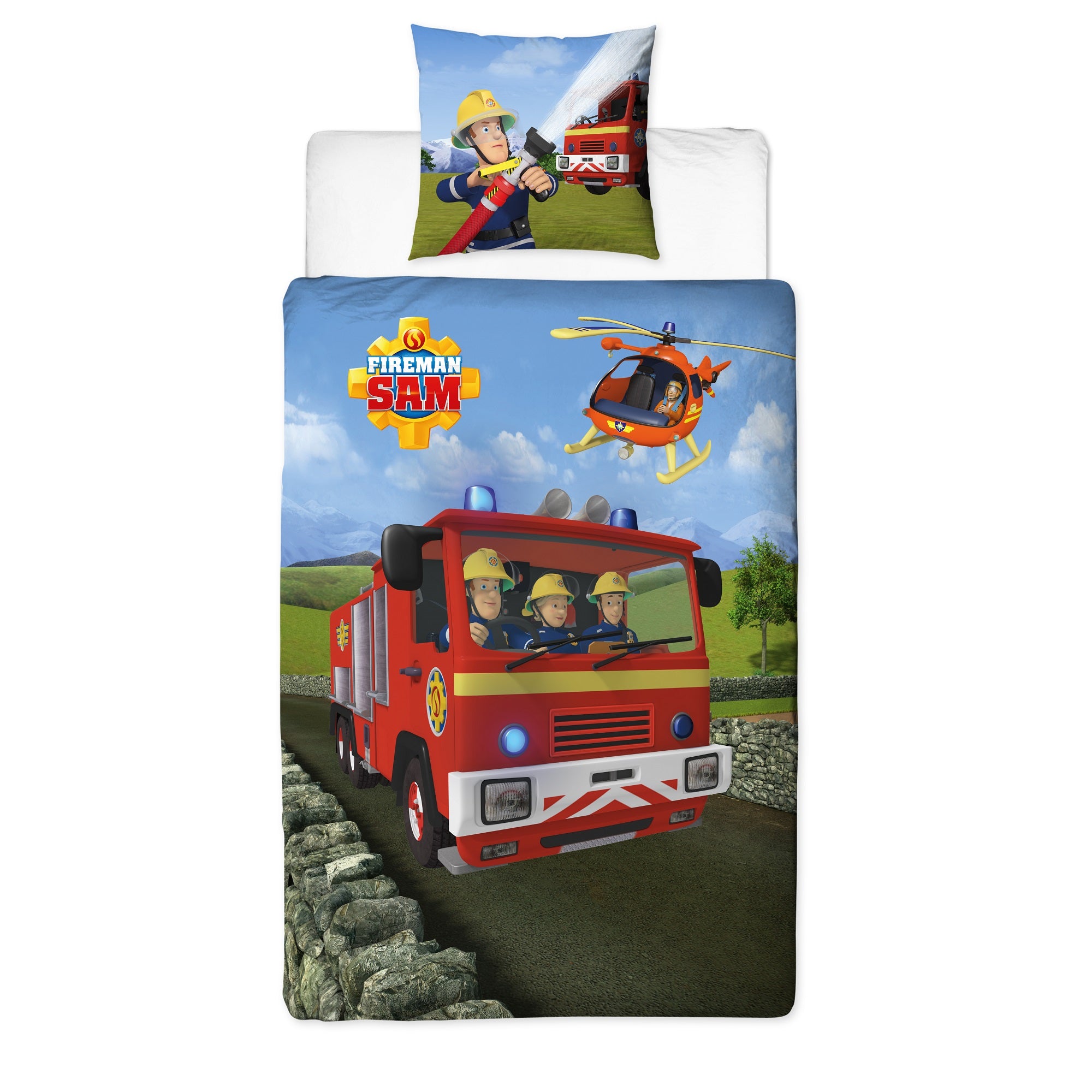 Feuerwehrmann Sam Bettwäsche Rückseite mit Feuerwehraut und Logo