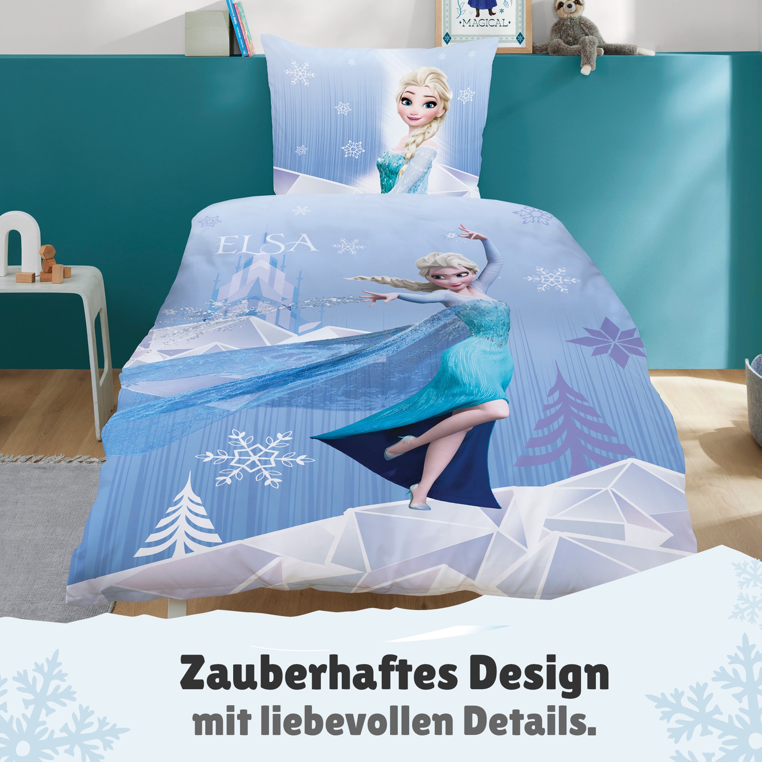 Disney Frozen Bettwäsche mit Anna und Elsa - Die Eiskönigin Bettwäsche Set 135x200 80x80 cm mit Reißverschluss - 100% Baumwolle, Öko-Tex