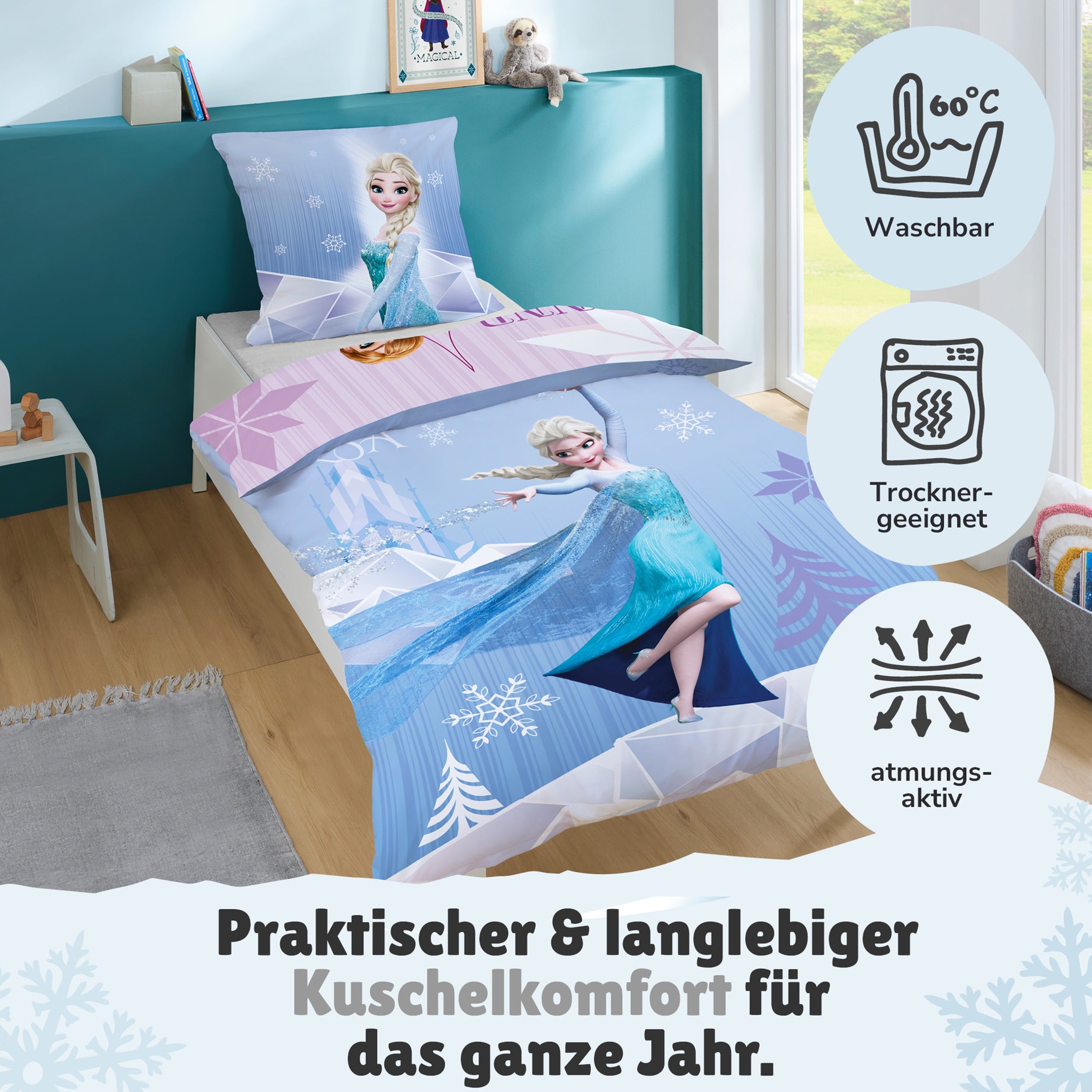 Disney Frozen Bettwäsche mit Anna und Elsa - Die Eiskönigin Bettwäsche Set 135x200 80x80 cm mit Reißverschluss - 100% Baumwolle, Öko-Tex