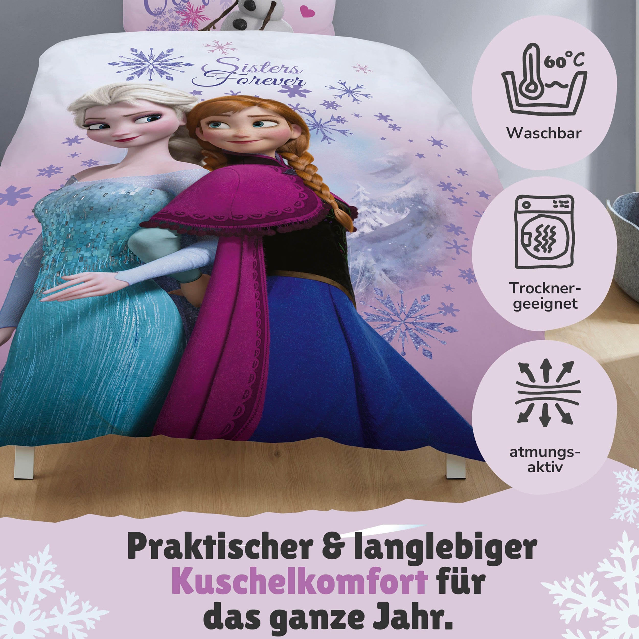 Kinderbettwäsche für Mädchen Disney Frozen Die Eiskönigin 135x200cm 80x80cm (2-tlg.) Pink Mountain Rosa aus 100% Baumwolle