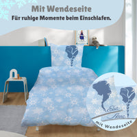 ruhige Rückseite mit Muster auf Bett gezogen + Info Wendeseite Kopfksisen