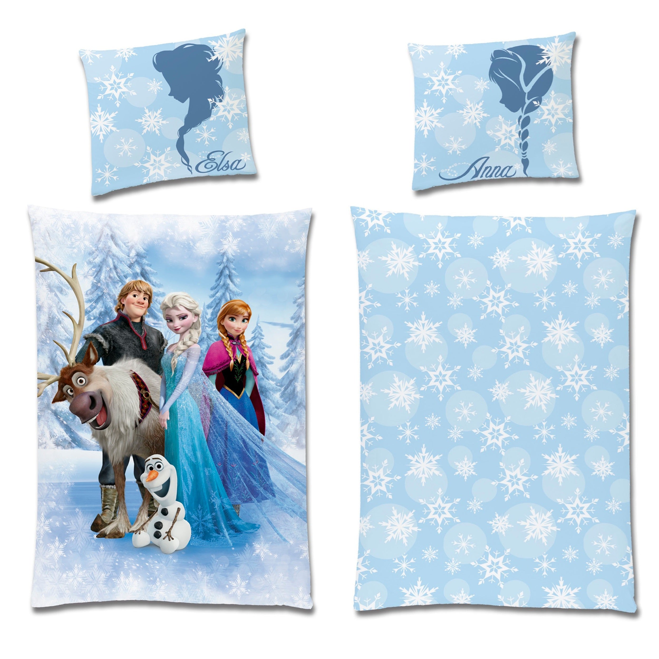 Blaue Frozen Bettwäsche Vorder- und Rückseitenebeneinander