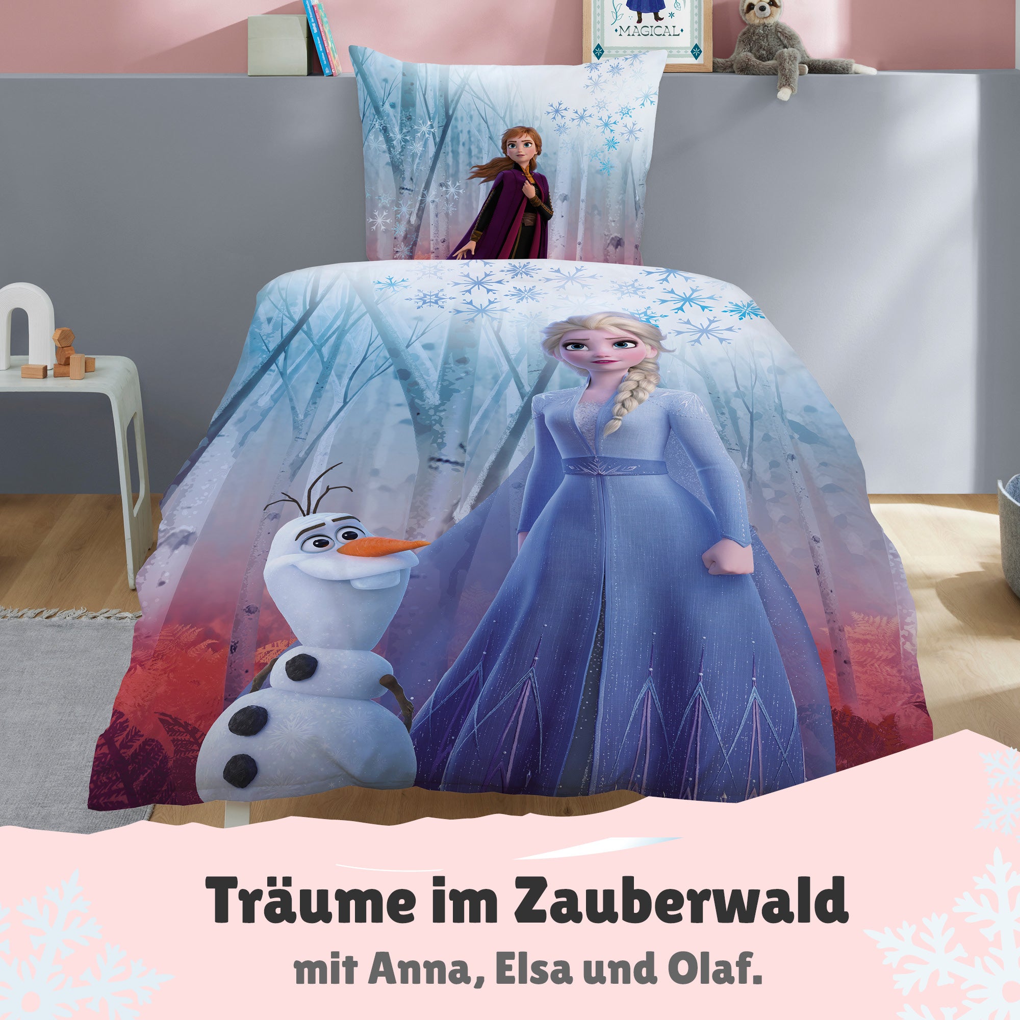 Frozen Bettwäsche mit Elsa und Olaf auf Bettdecke und Anna auf Kopfkissen aufs Bett gezogen