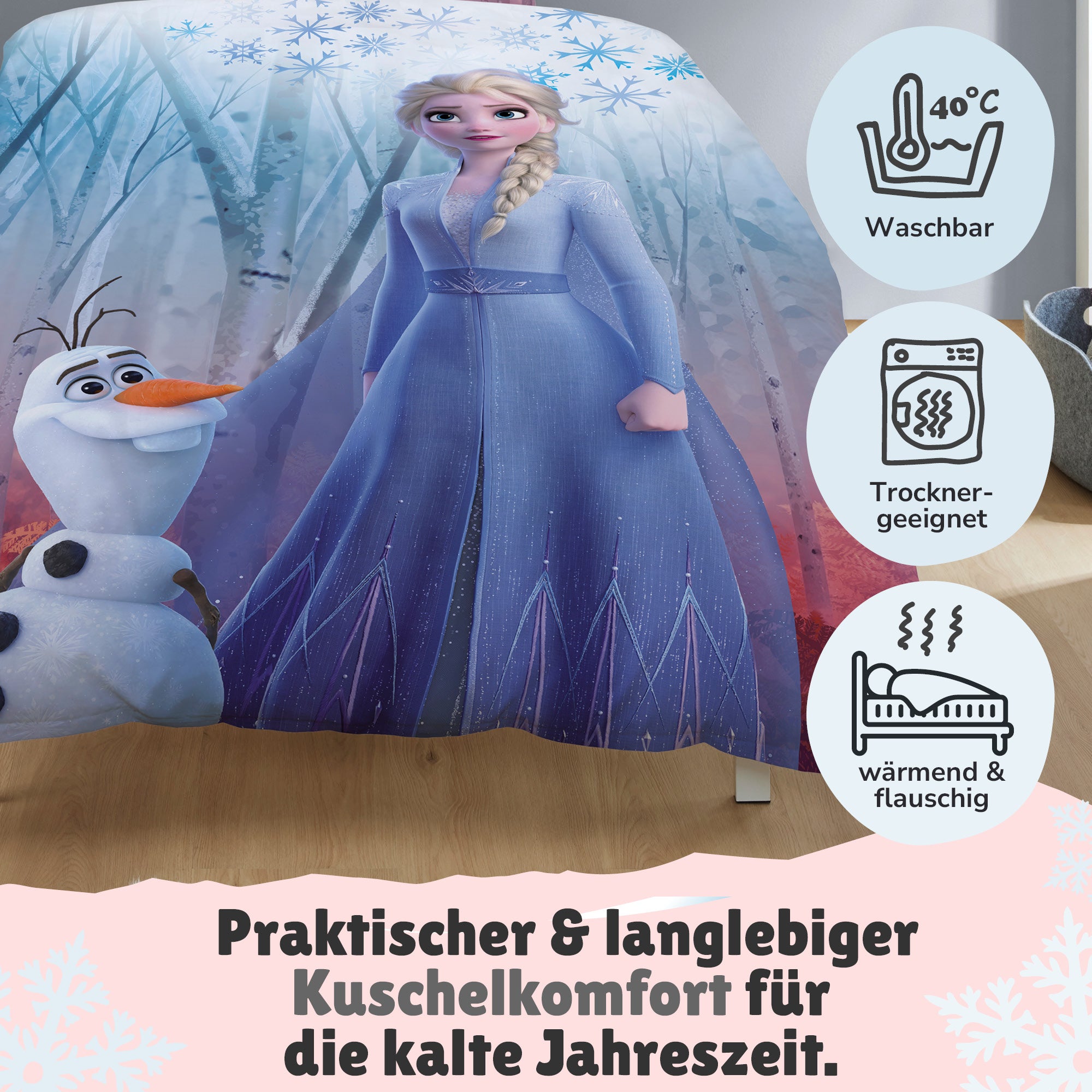 Infotafel Pflege Maschinenwäsche und Trocknergeeignet und Reißverschluss an der Bettwäsche