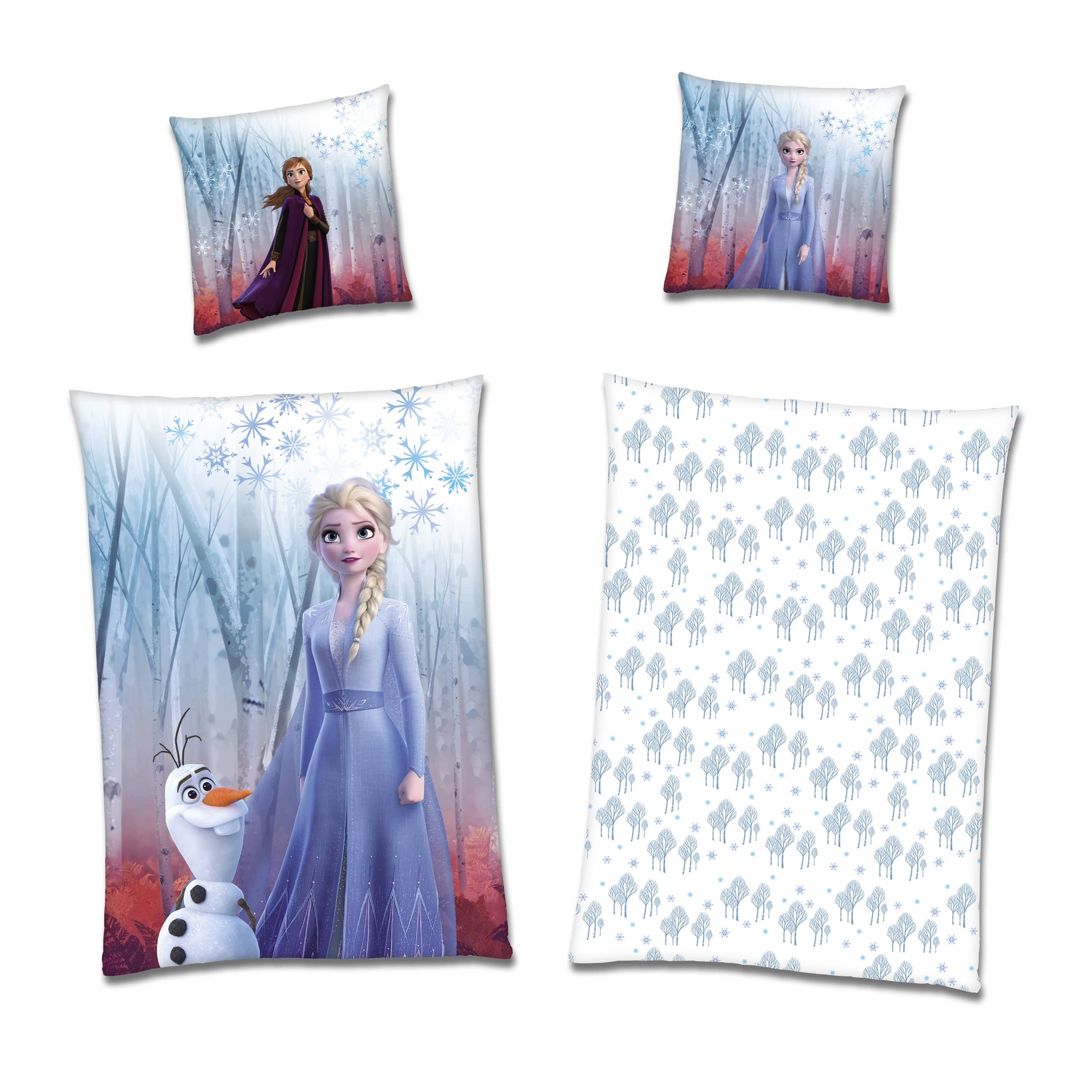 Voder und Rückseite der Frozen Bettwäsche mit Anna, Elsa und Olaf nebeneinander dargestellt