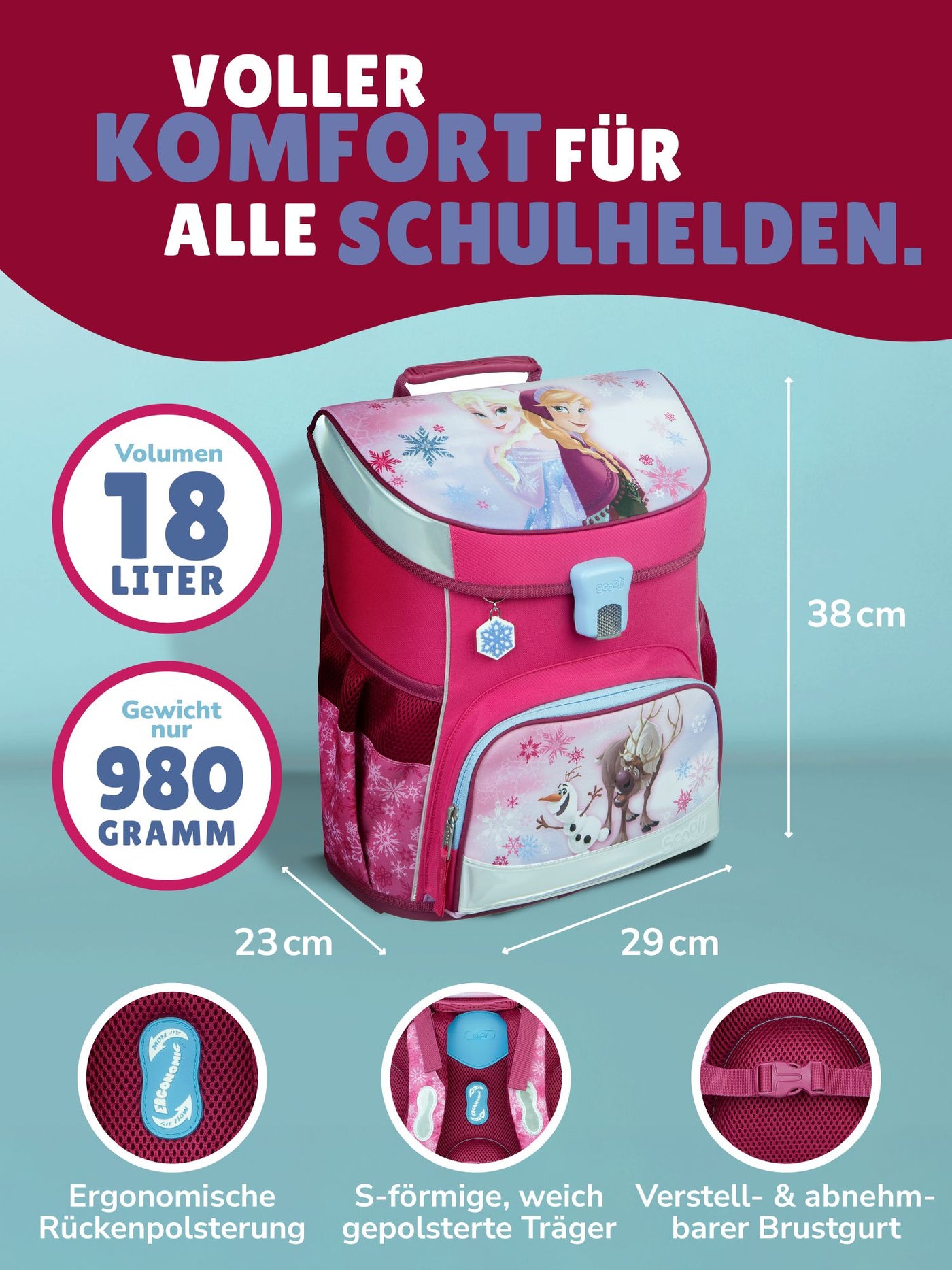 Ansicht Schulranzen Frontal mit Infos zu Volumen 18 Liter, Gewicht 980 Gramm und Ergonomie (Polster, Brustgurt)