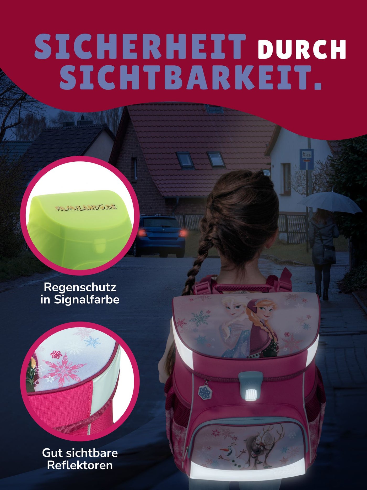 Mädchen läuft im Dunkeln mit Schulranzen auf dem Rücken - die Reflektoren seitlich und frontal sind gut zu erkennen