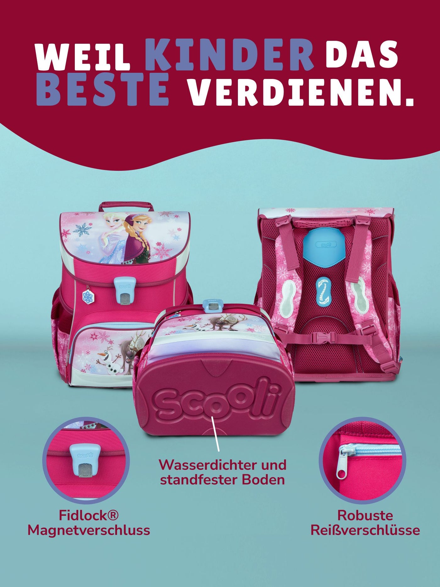 3er Ansicht Schulranzen Front-, Rück- und Unterseite - Infos zum Klickschloss und wasserdichter Bodenplatte