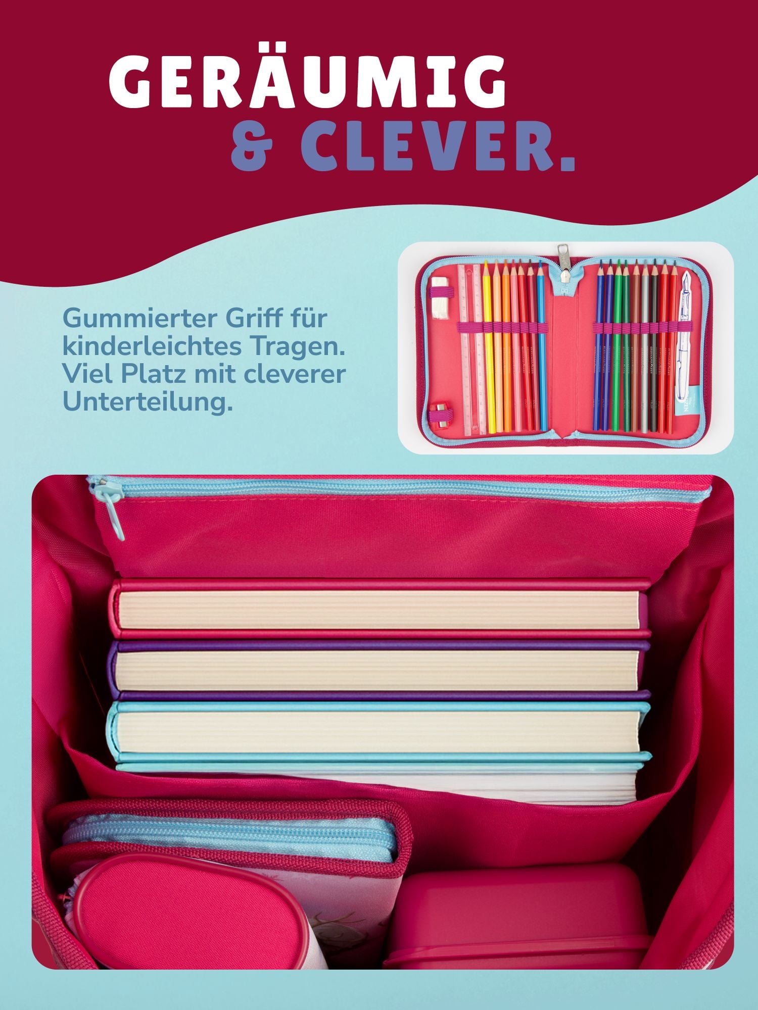 Innenansicht des Schulranzens mit Organizer Unterteilung + Detailaufnahme gefüllte Federmappe
