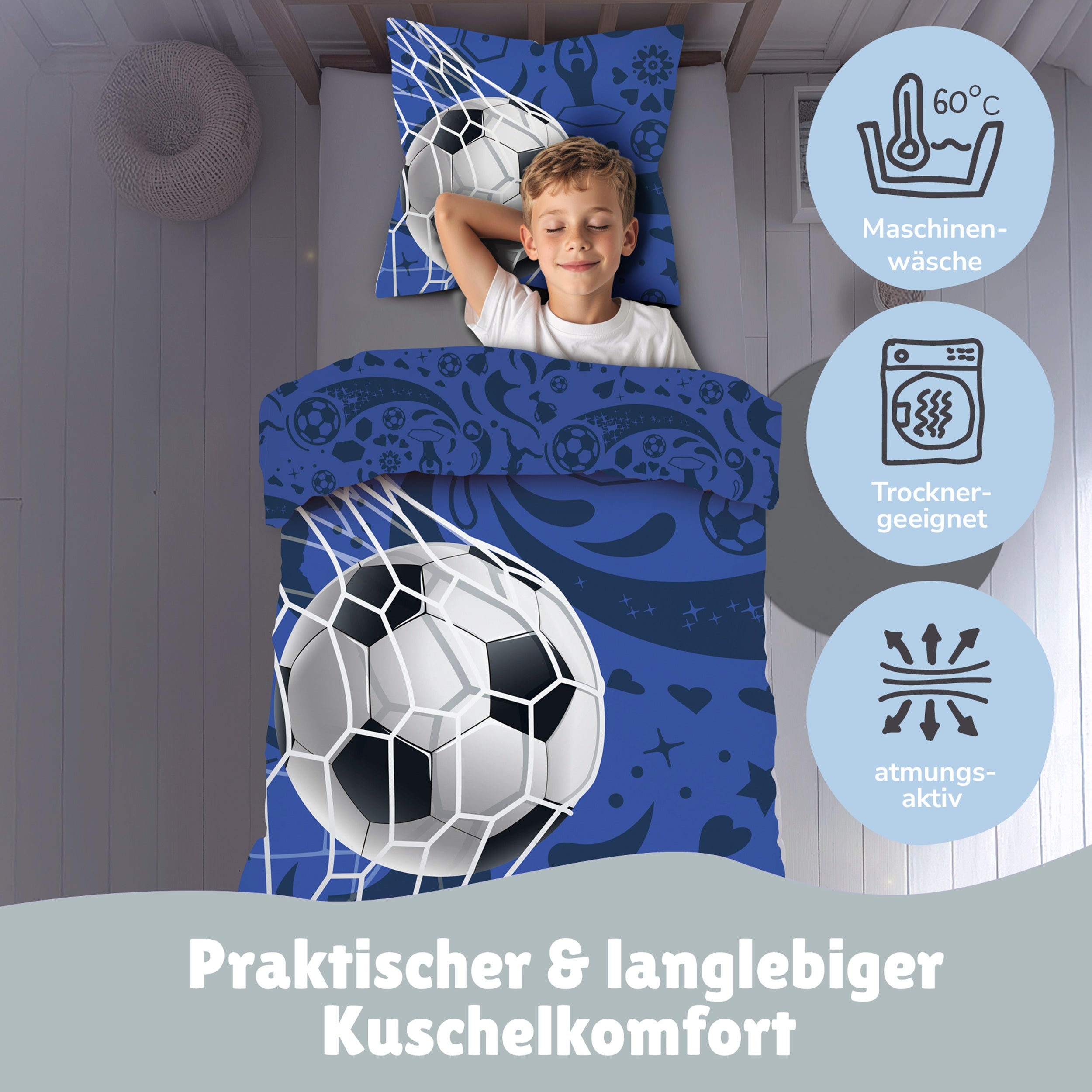 Vorderseite Fussball Bettwäsche für Jungen mit Ball im Netz auf Bettdecke und Kopfkissen