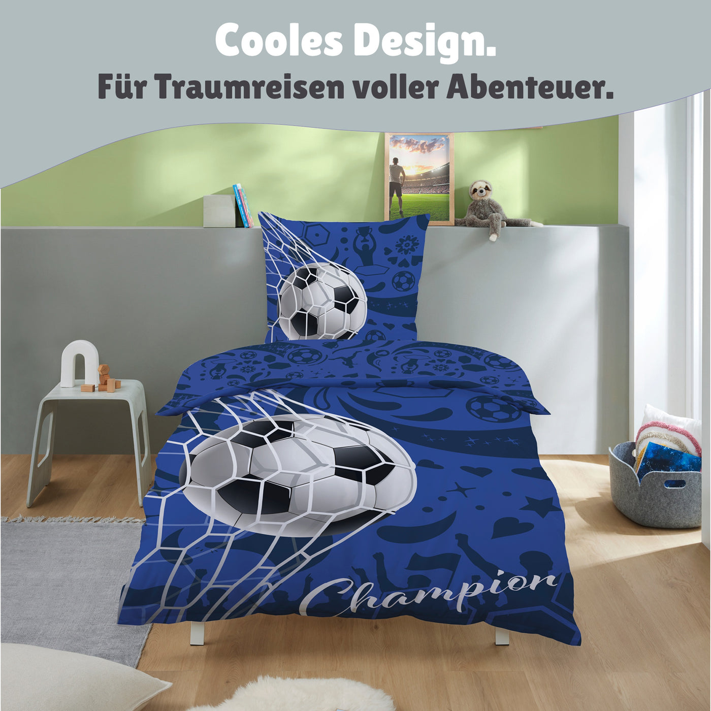 Rückseite Fußball Bettwäsche für Jungen und Schriftzug Champion auf Kopfkissen
