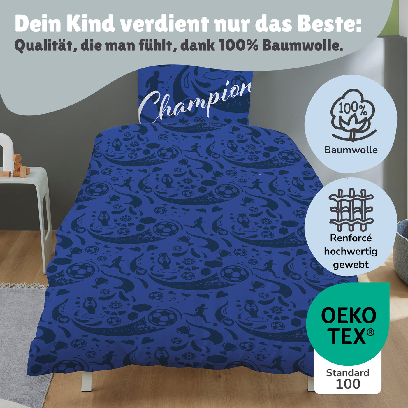 Wende Bettwäsche zwei Motive Fußball mit Tor im Netz und Champion Schriftzug