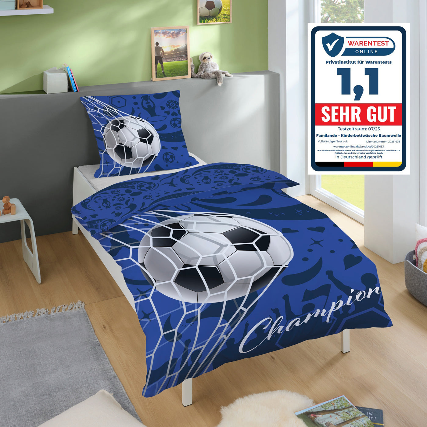 Familando Fußball Bettwäsche Set 135x200 80x80 cm Blaue Bettwäsche Motiv Champion aus 100% Baumwolle mit Reißverschluss