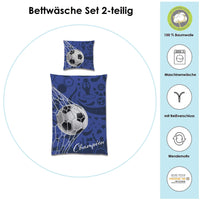 Vorderseite Fussball Bettwäsche für Jungen mit Ball im Netz auf Bettdecke und Kopfkissen