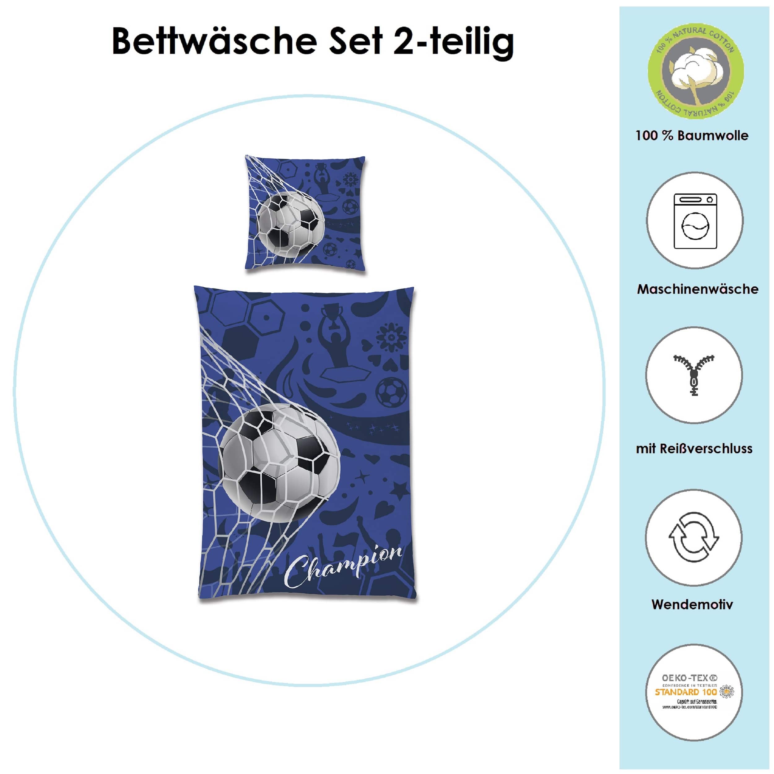 Vorderseite Fussball Bettwäsche für Jungen mit Ball im Netz auf Bettdecke und Kopfkissen