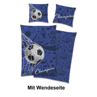 Wende Bettwäsche zwei Motive Fußball mit Tor im Netz und Champion Schriftzug