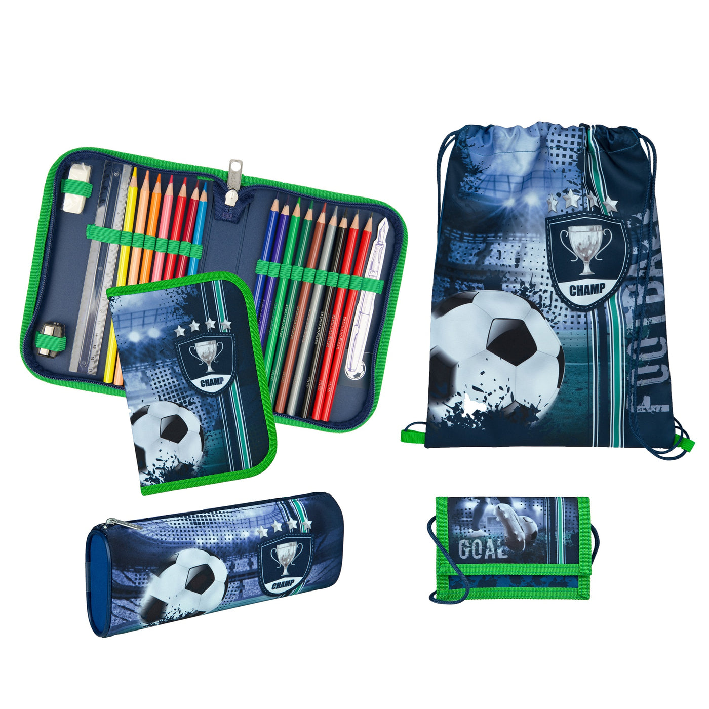 Detailaufnahme Zubehör: Turnbeutel, Federmapper, Turn- & Geldbeutel im blauen Fußball Design passend zum Schulranzen