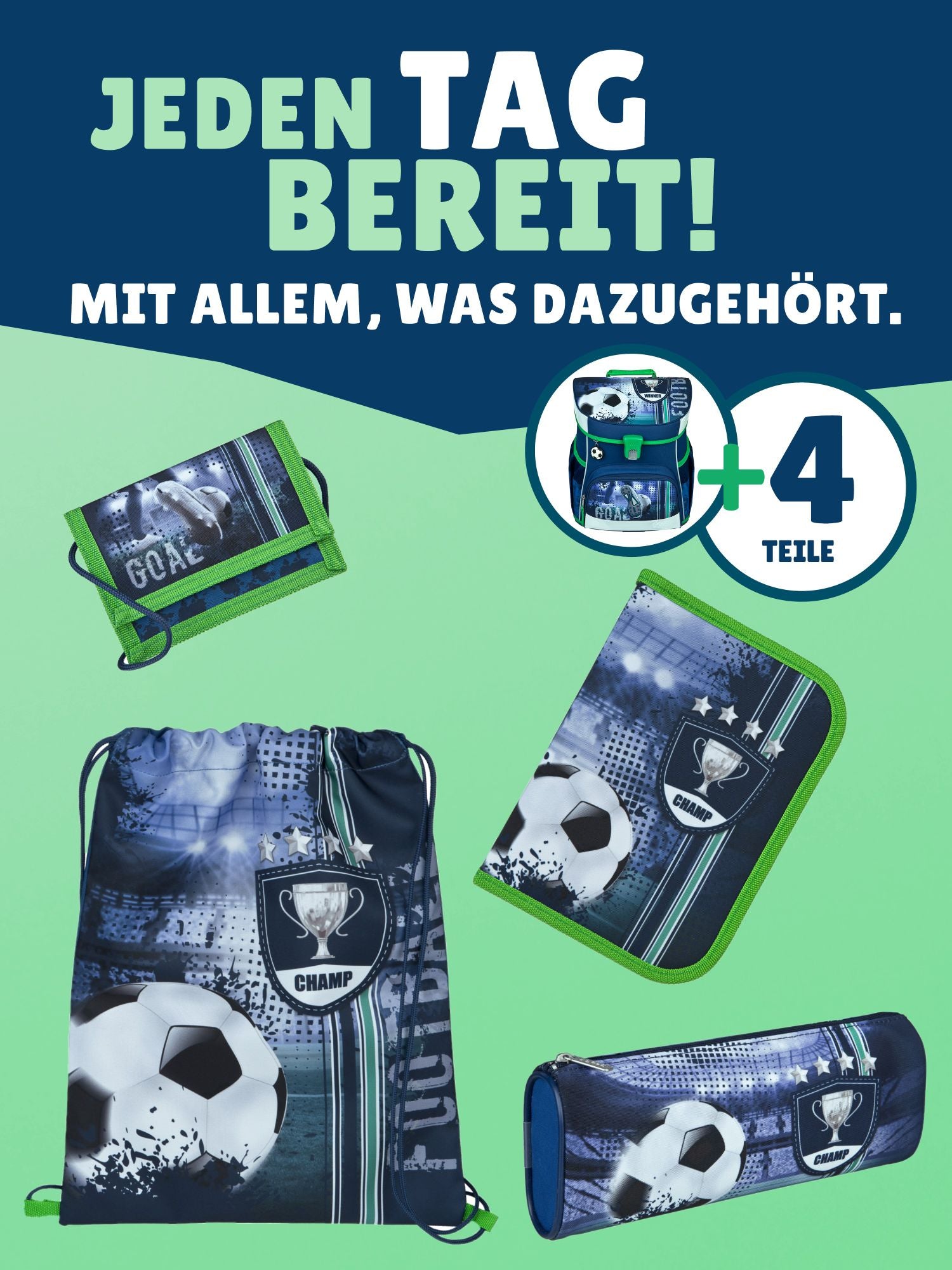 Scooli Campus Fit Schulranzen Set Fußball, blau - Soccer Schultasche ab 1. Klasse