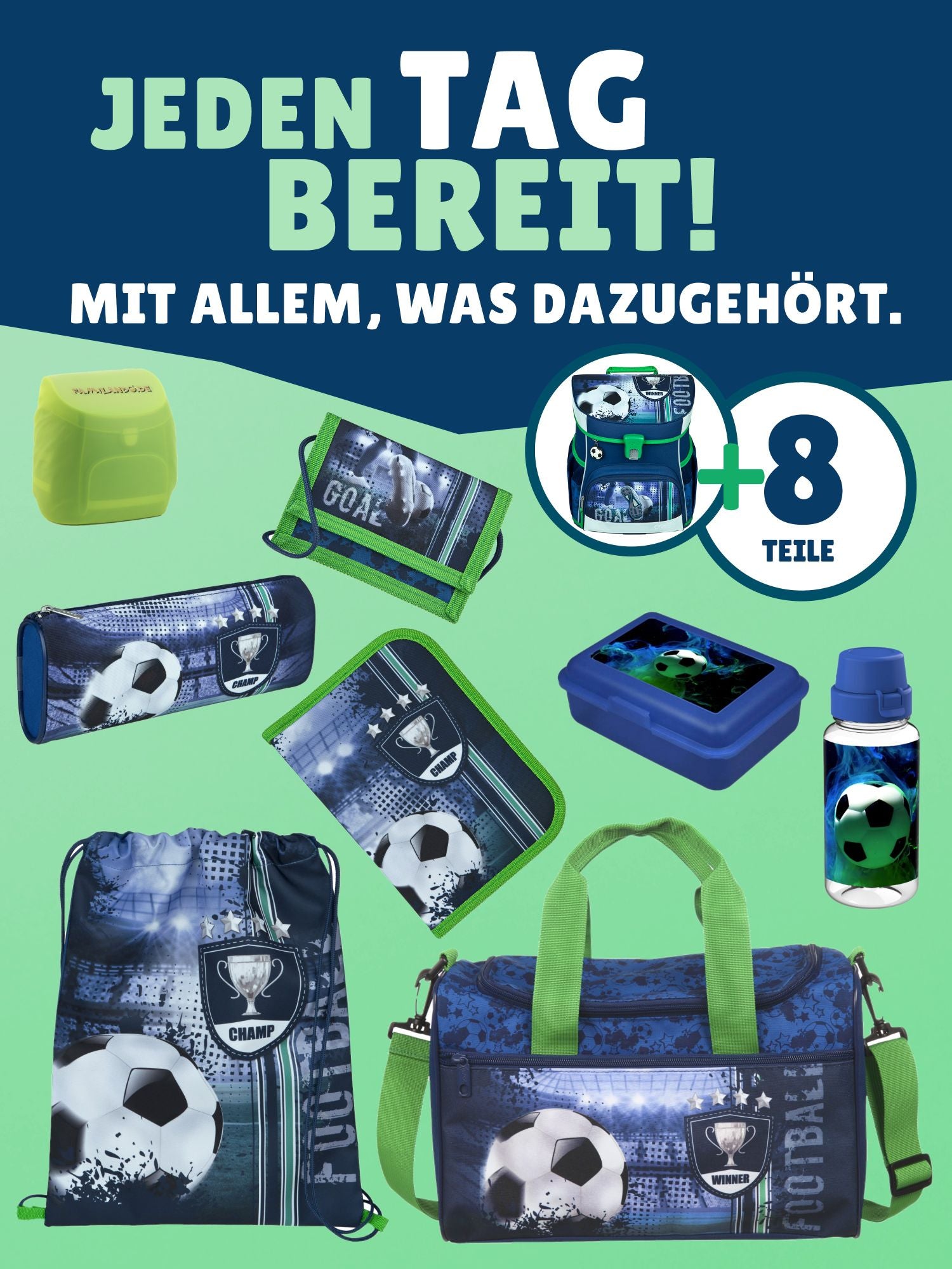 Scooli Campus Fit Schulranzen Set Fußball, blau - Soccer Schultasche ab 1. Klasse