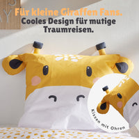 Detailansicht Kopfkissen im Giraffen-Kopf-Design gelb mit Ohren und Hörnern