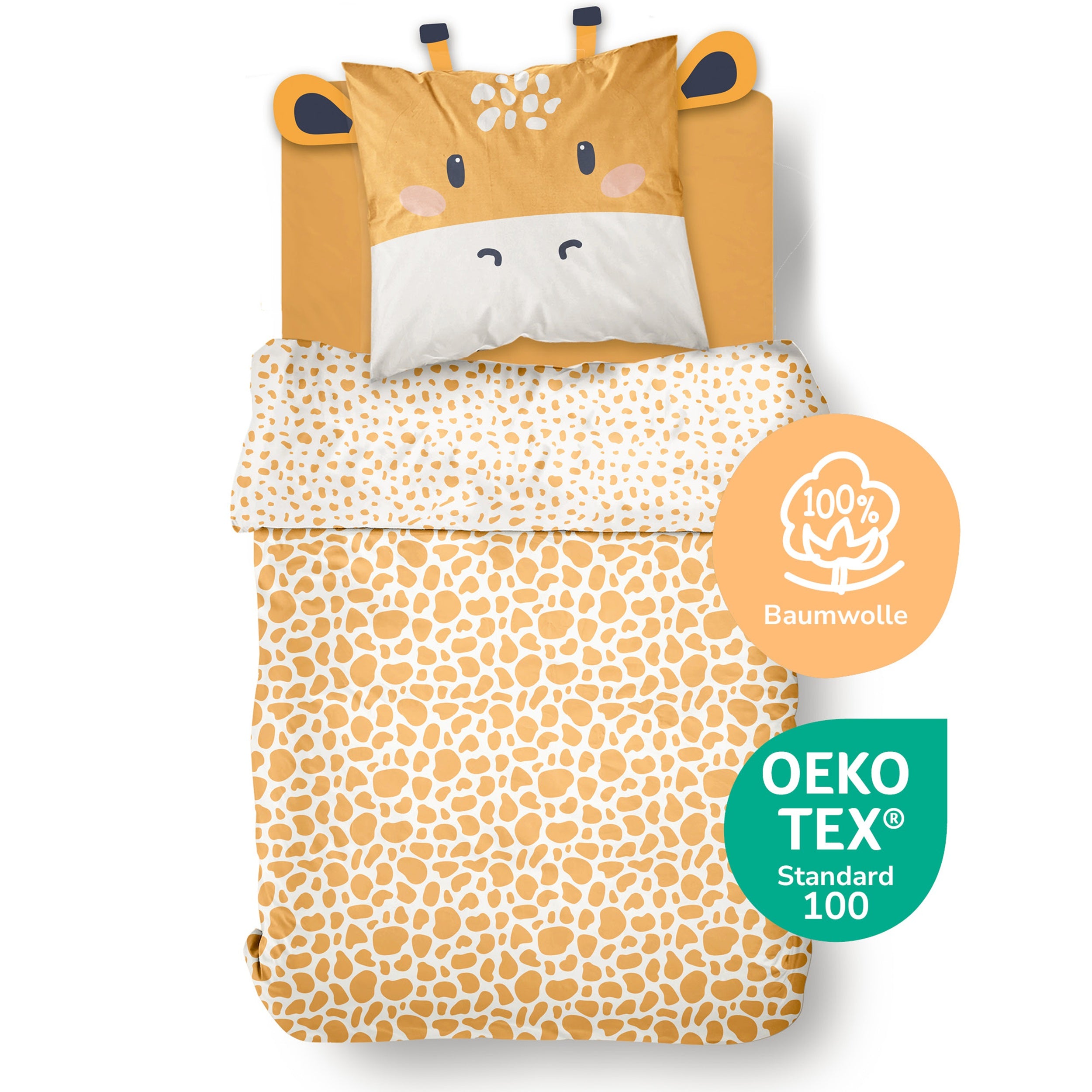 Freisteller Giraffen Kinderbettwäsche Set mit Hörnern und Ohren am Kopfkissen und gemusterter Bettdecke