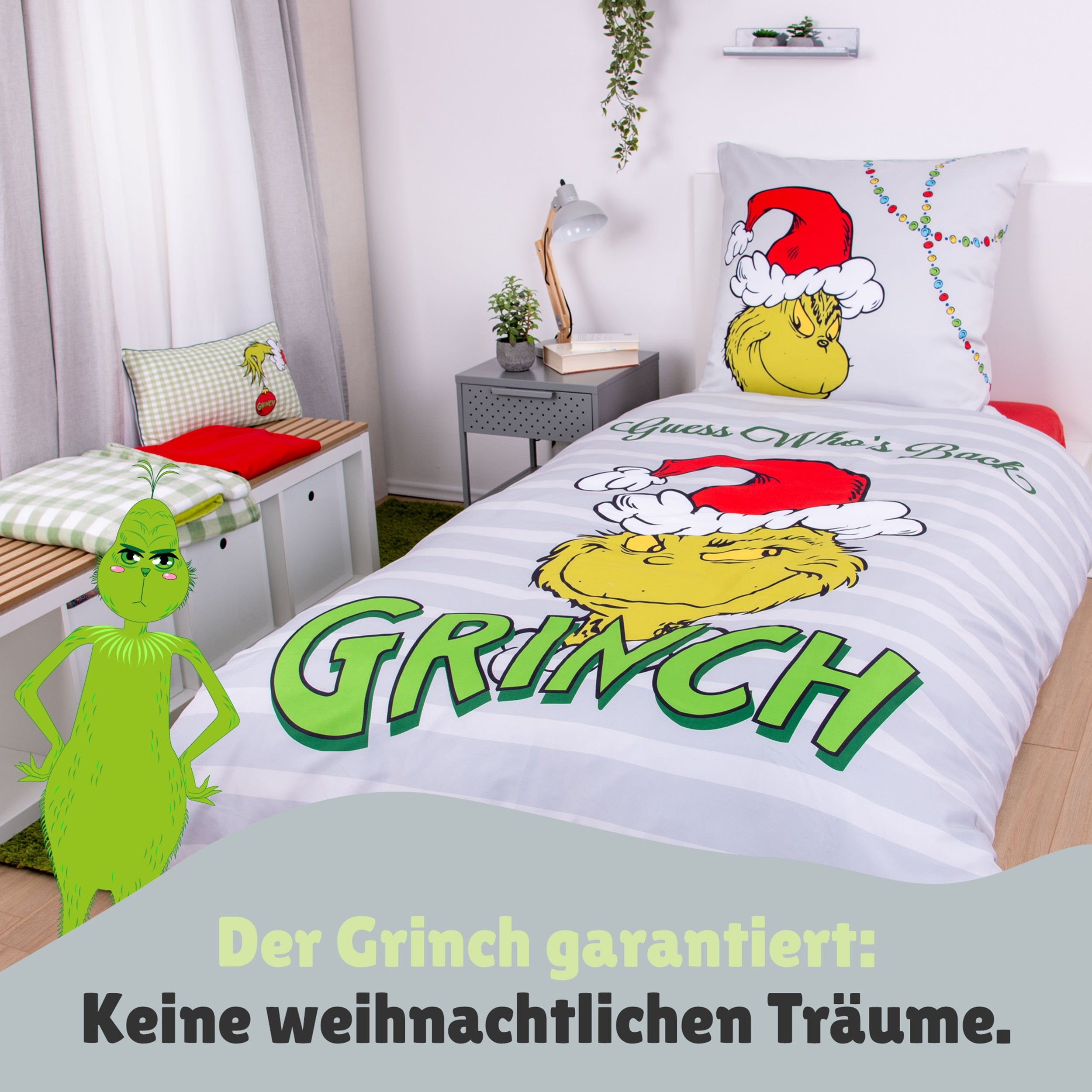 Vorderseite der Grinch Bettwäsche auf Bett gezogen