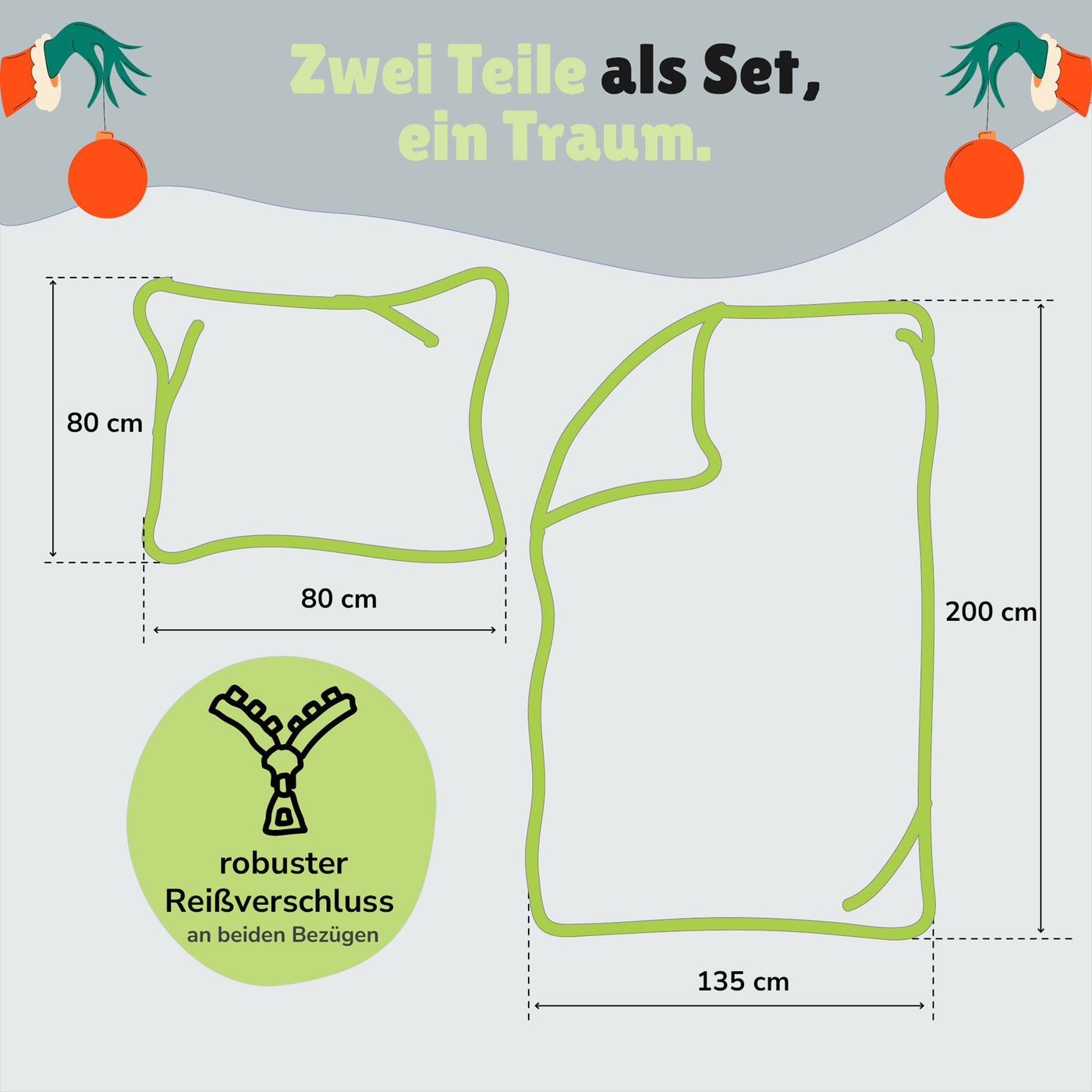 Infotafel Lieferumfange des 2-teiligen Sets bestehend aus Deckenbezug 135x200 cm und Kissenbezug 80x80 cm