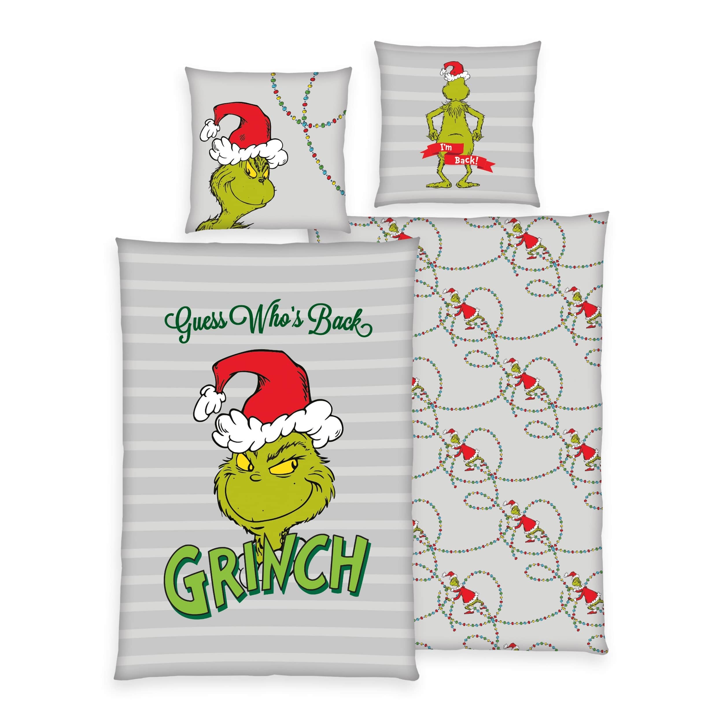 Grinch Bettwäsche für Weihachten Set 2-teilig - Decken- & Kissenbezug 135x200 80x80 cm - Weihnachtsbettwäsche mit Reißverschluss, Microfaser, Öko-Tex
