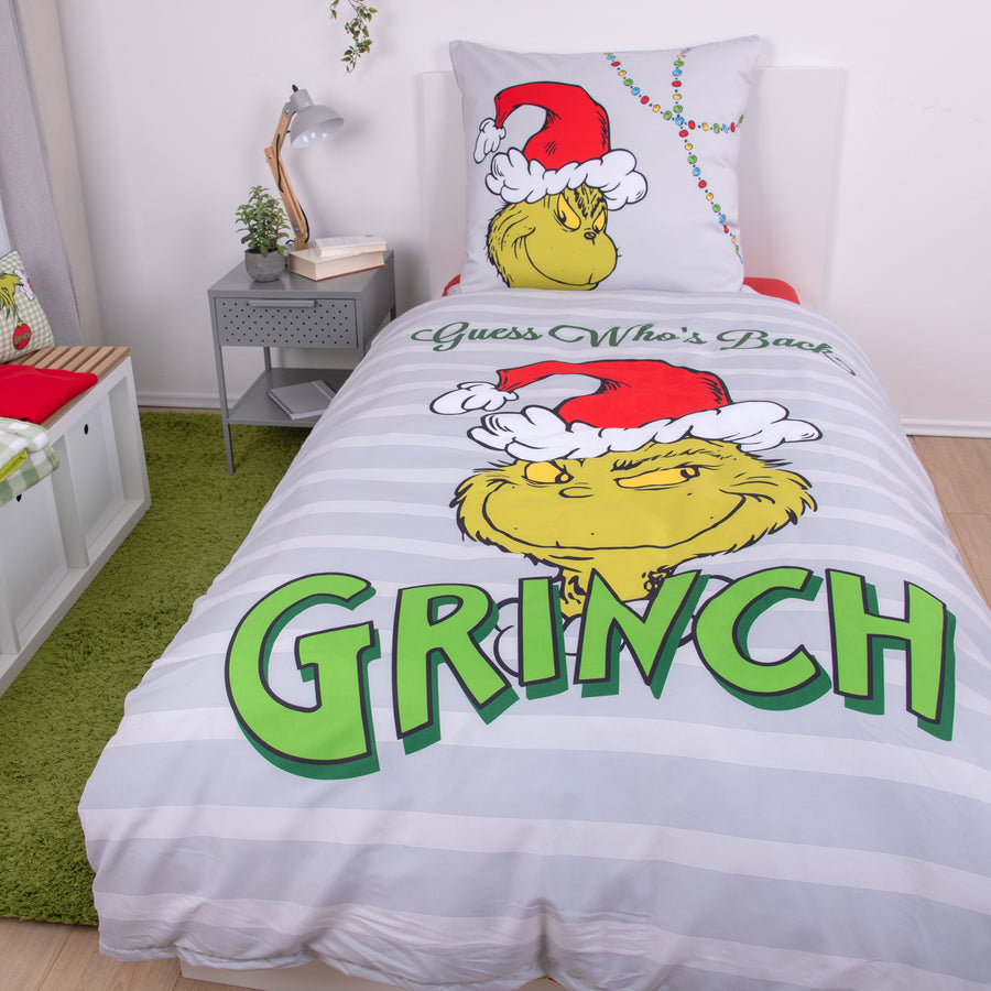 Grinch Bettwäsche Set 2-teilig in grün grau rot mit Wendeseite gemustert