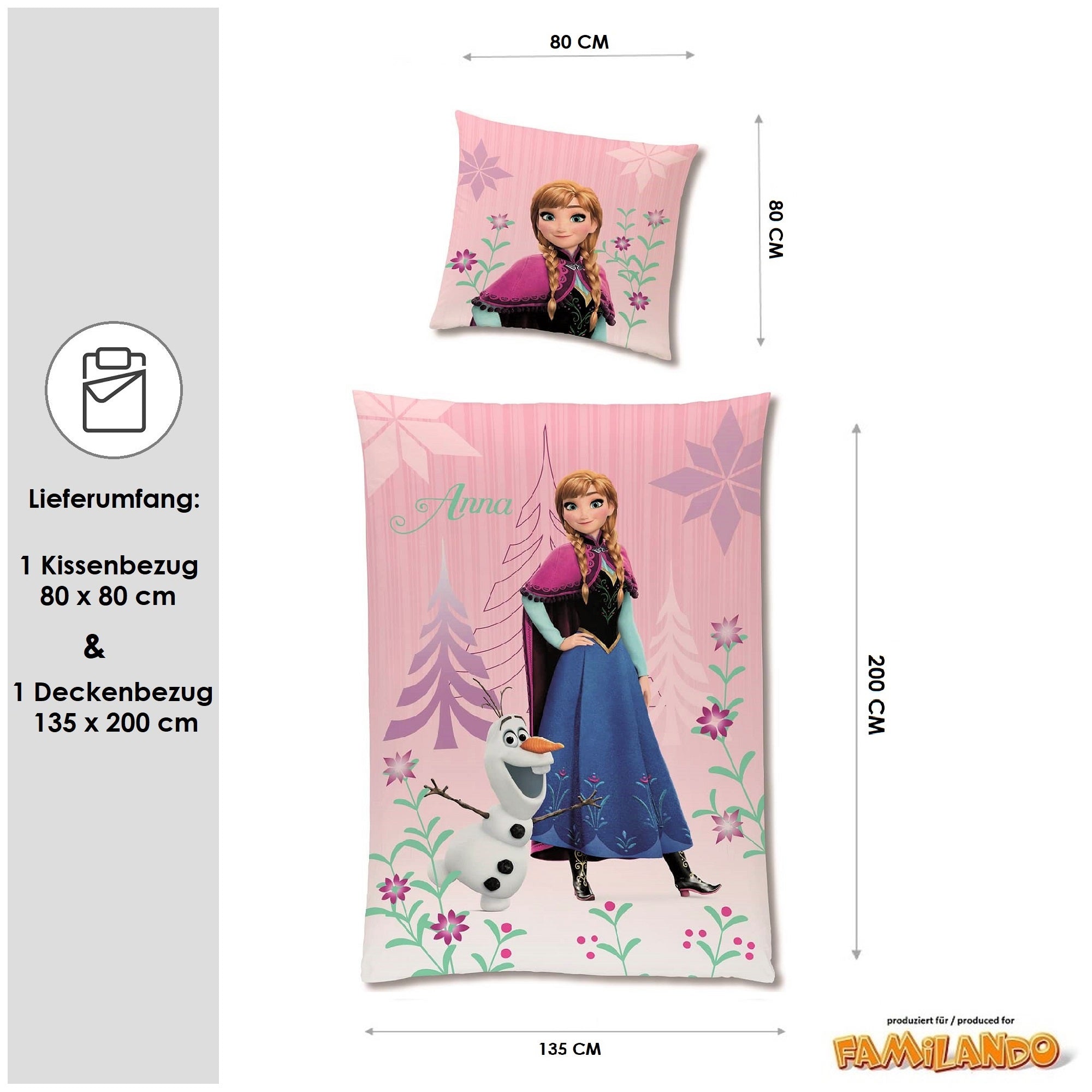 Vorderseite Frozen Bettwäsche 135x200 rosa mit Anna