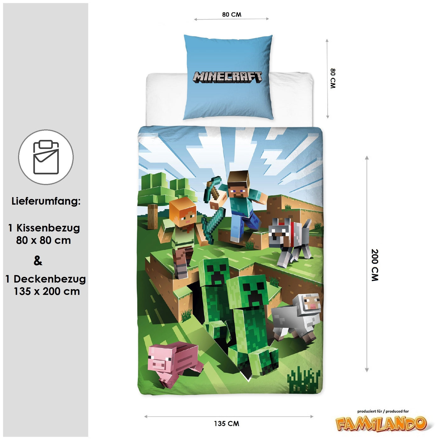 Größe und Lieferumfang des 2-teiligen Bettwäsche Sets bestehend aus Deckenbezug 135x200 cm und Kissenbezug 80x80 cm