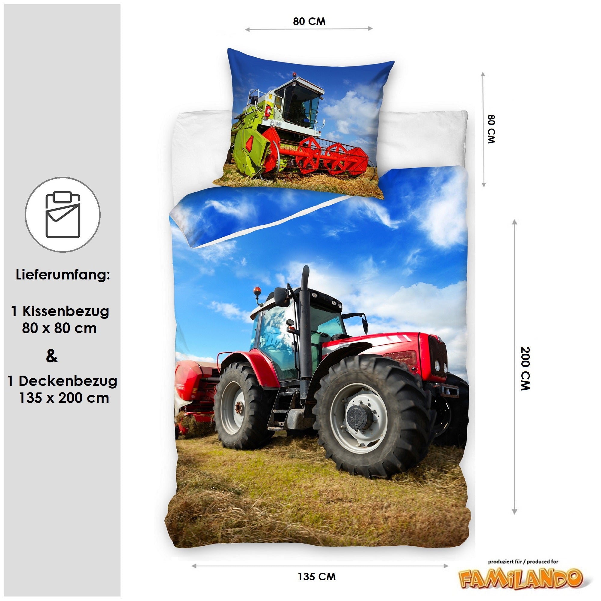 Größe und Lieferumfang des 2 teiligen Sets bestehend aus Deckenbezug 135x200 cm und Kissenbezug 80x80 cm