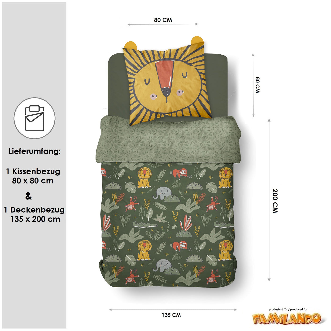 Größe und Lieferumfang des 2 teiligen Sets aus Deckenbezug 135x200 cm und Kissenbezug 80x80 cm
