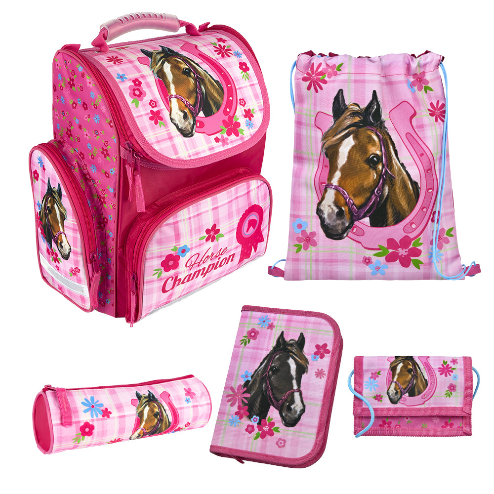 Mädchen Schulranzen mit rosa Schmetterlingen 5-teiliges Grundset mit Federmappe, Turnbeutel, Geldbeutel und Schlamperetui