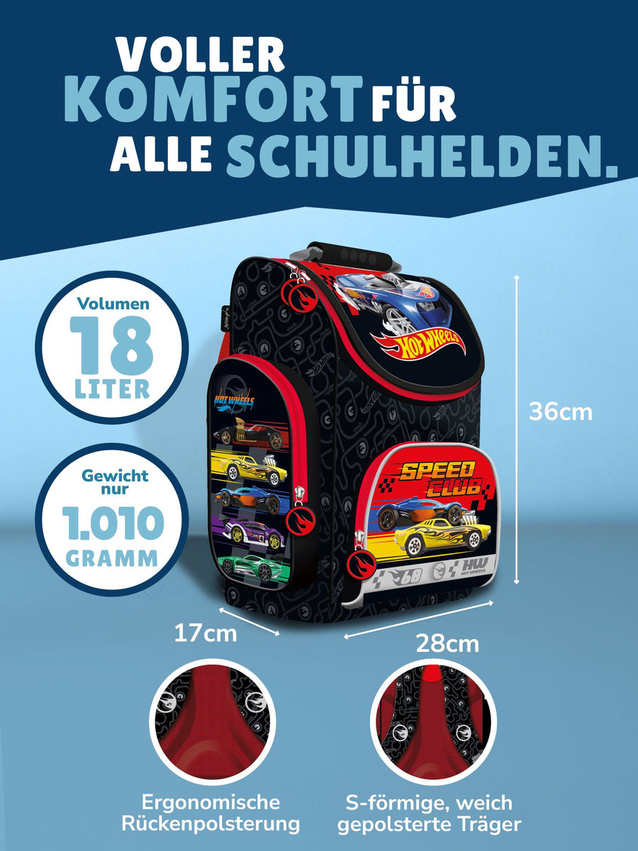 Hot Wheels Schulranzen Set 8-teilig mit Federmappe, Schlamperrolle, Turnbeutel, Regenschutz, Dose, Flasche und Schultüte 85cm