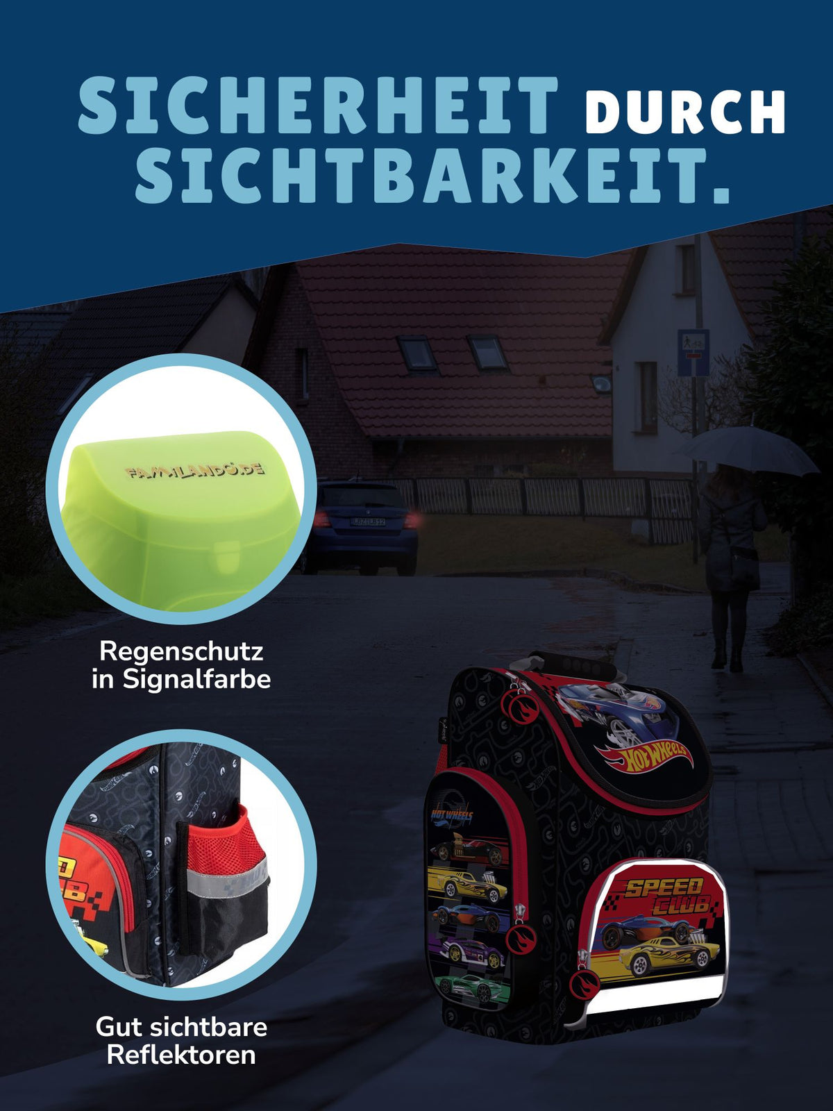 seitliche Ansicht schwarz roter Hot Wheels Schulranzen mit Autos auf Deckel Fronttasche und Seitentasche