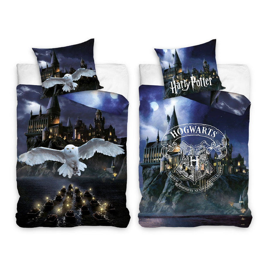 Biber Bettwäsche Set mit Harry Potter Motiv mit Eule Hedwig und Hogwarts in schwarz 135x200 cm