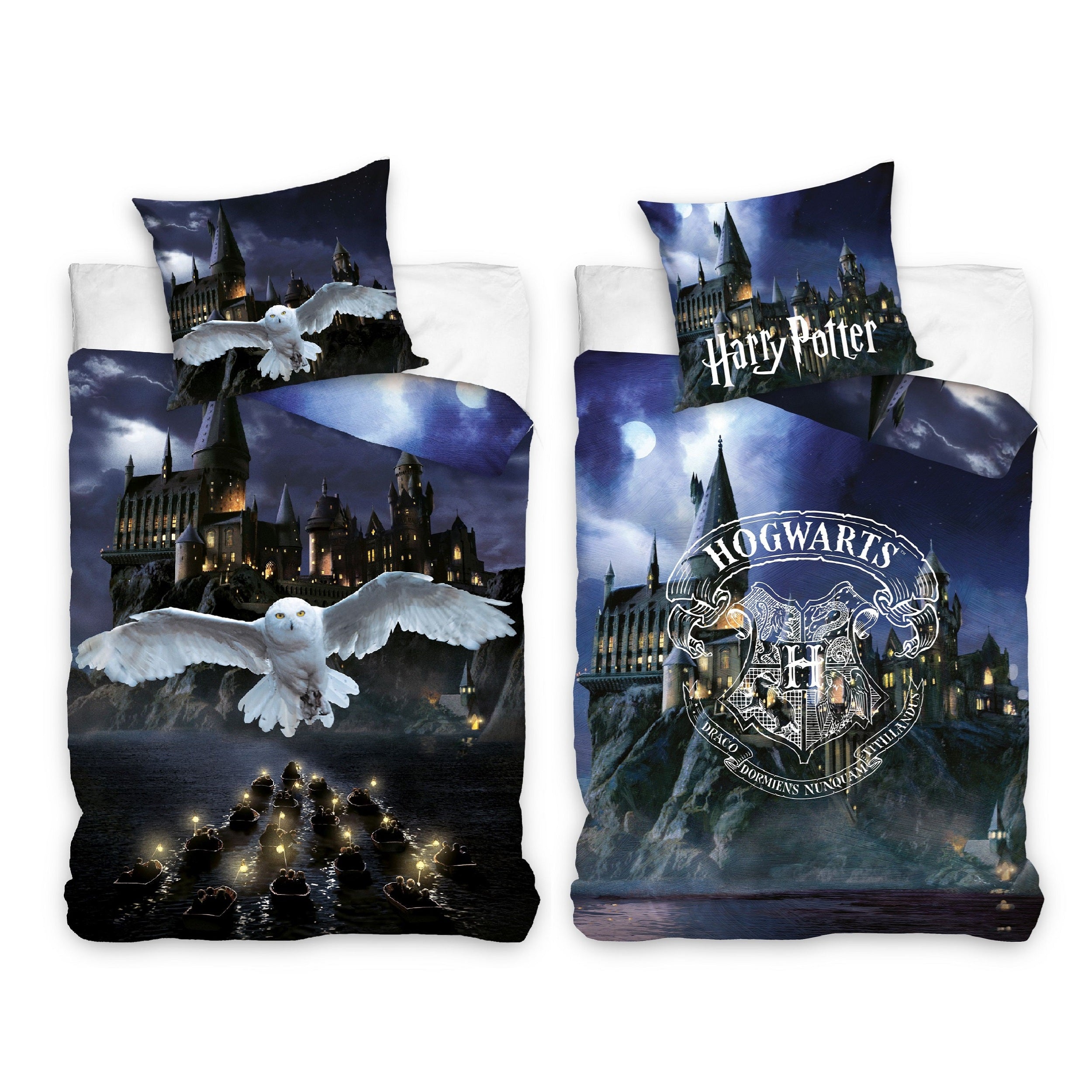 Biber Bettwäsche Set mit Harry Potter Motiv mit Eule Hedwig und Hogwarts in schwarz 135x200 cm