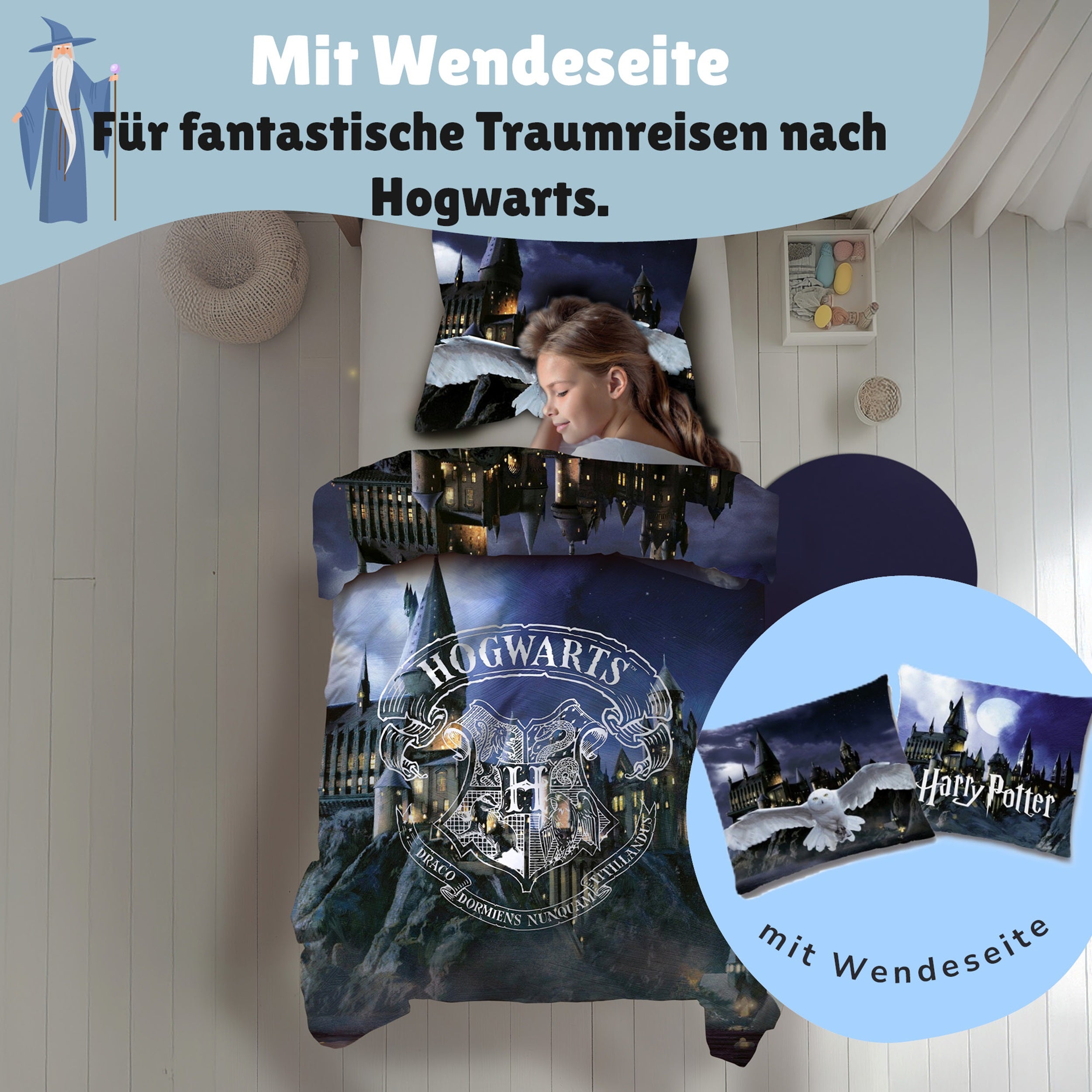 Mädchen schläft selig im Bett mit Harry Potter Bettwäsche - Vorderseite mit Eule Hedwig