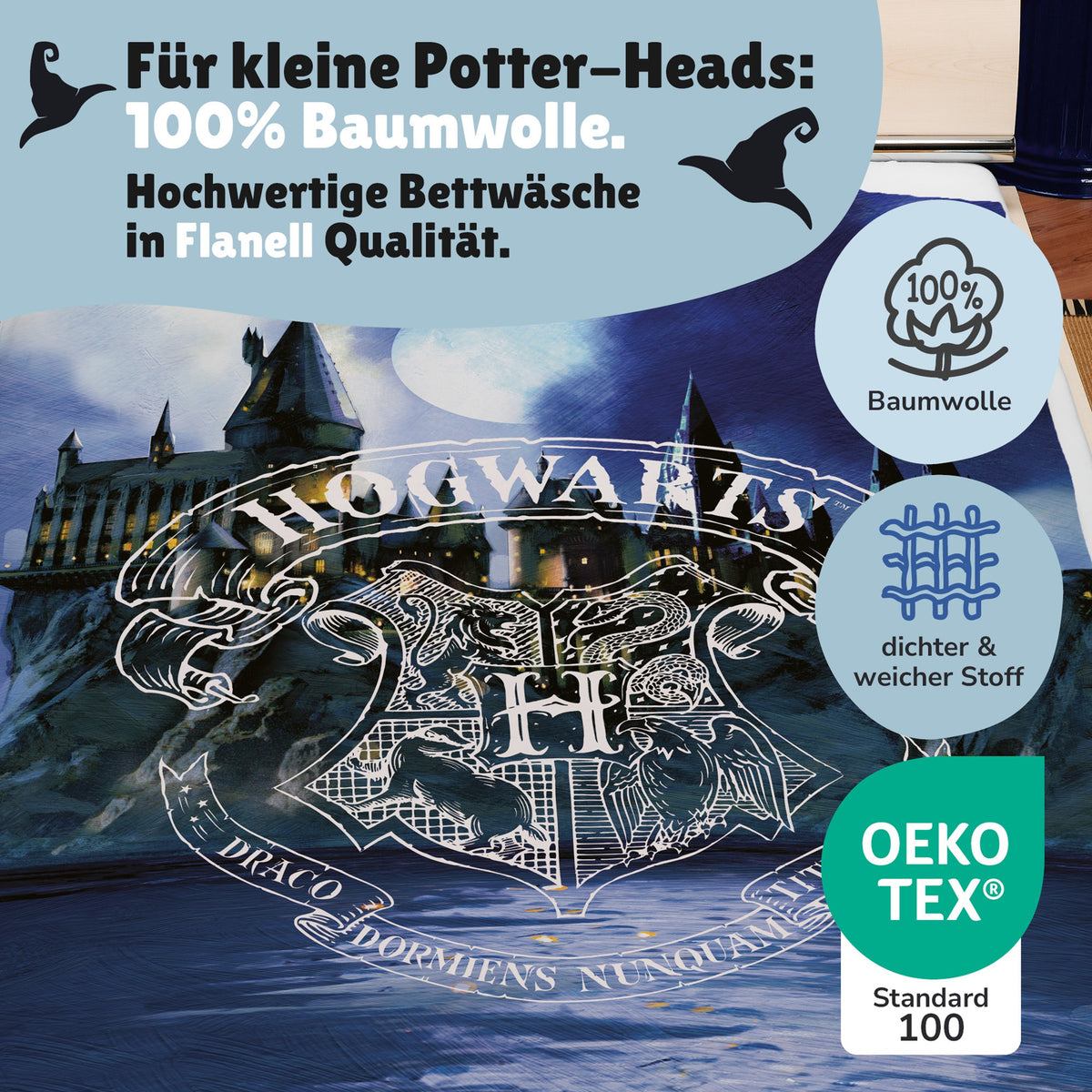 Harry Potter Bettwäsche Set in schwarz mit beiden Seiten nebeneinander